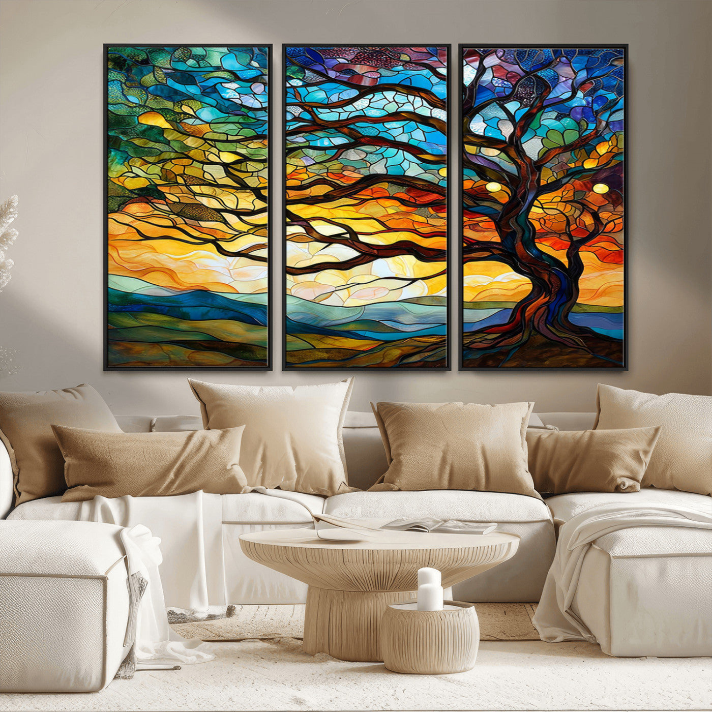 MGV-FC-48X32-3P - Vibrant Mosaic Tree of Life Wall Art | Stained Glass Style Canvas Print | Ready to Hang Artistic