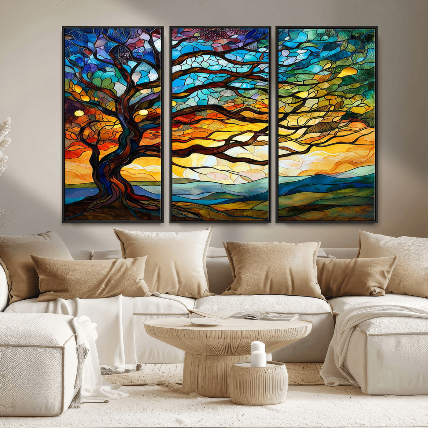 MGV-FC-48X32-3P - Mosaic Tree Wall Art | Ready to Hang Stained Glass Style Canvas Print | Farmhouse Wall Decor, Cabin