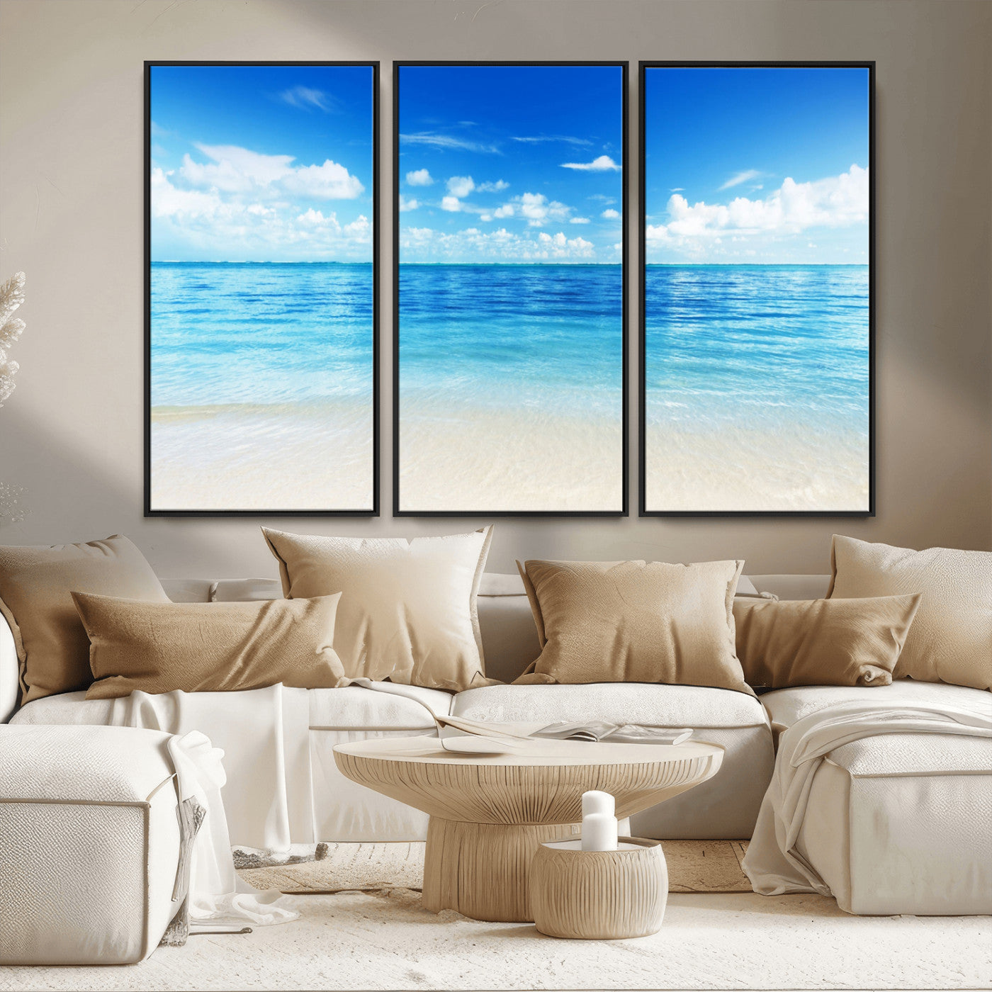 MGV-FC-48X32-3P - Beach Scene Canvas Wall Art Print – Tranquil Ocean Horizon and White Sand Beach Wall Decor for Home
