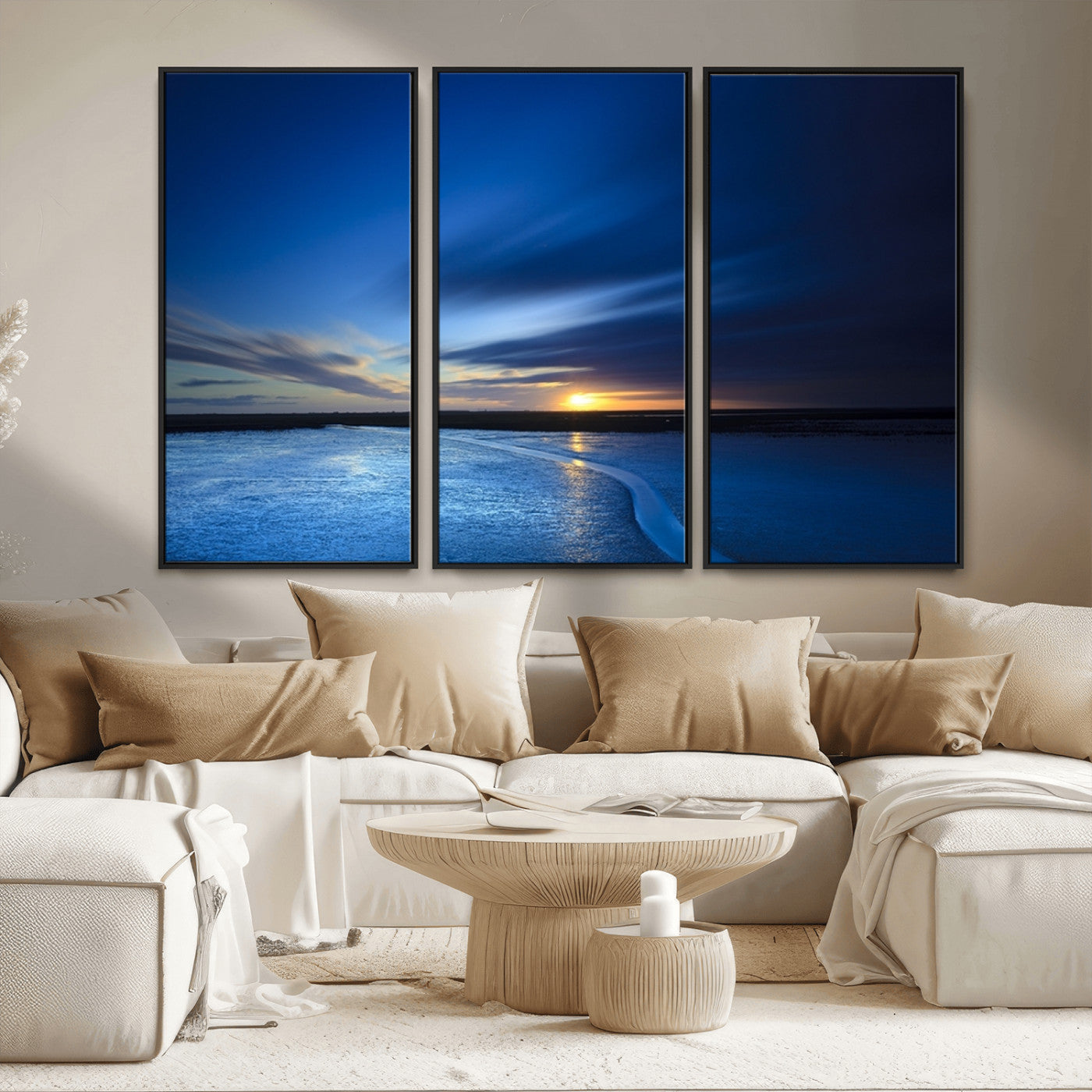 MGV-FC-48X32-3P - Blue Sunset Ocean Canvas Wall Art Print – Serene Coastal Horizon Wall Decor for Home or Office –