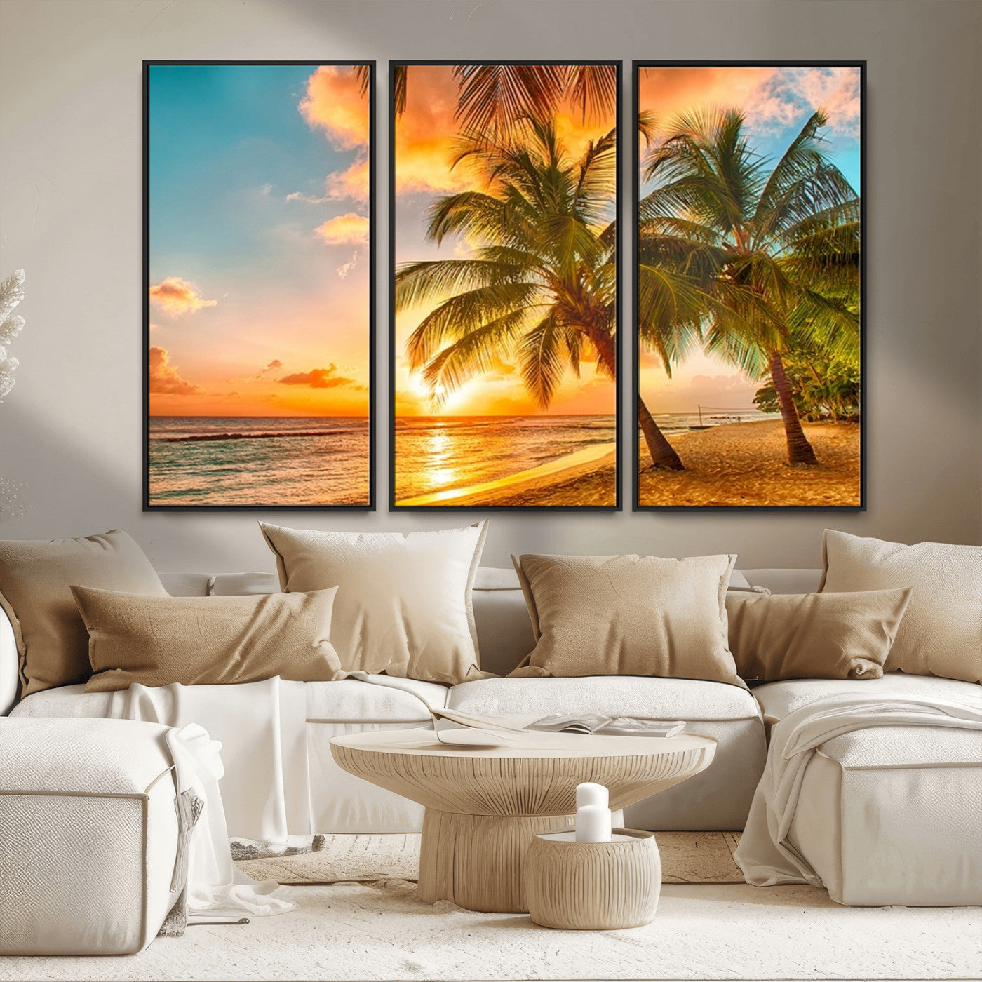 MGV-FC-48X32-3P - Tropical Sunset Beach Canvas Wall Art Print – Vibrant Palm Trees and Coastal Sunset Wall Decor for