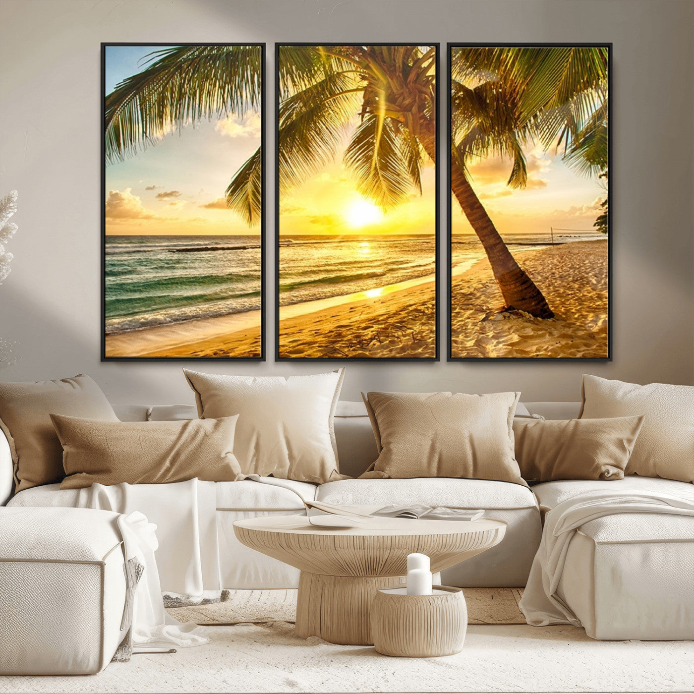 MGV-FC-48X32-3P - Beach Sunset Canvas Wall Art Print - Tropical Beach Canvas Wall Art Print – Vibrant Palm Trees and