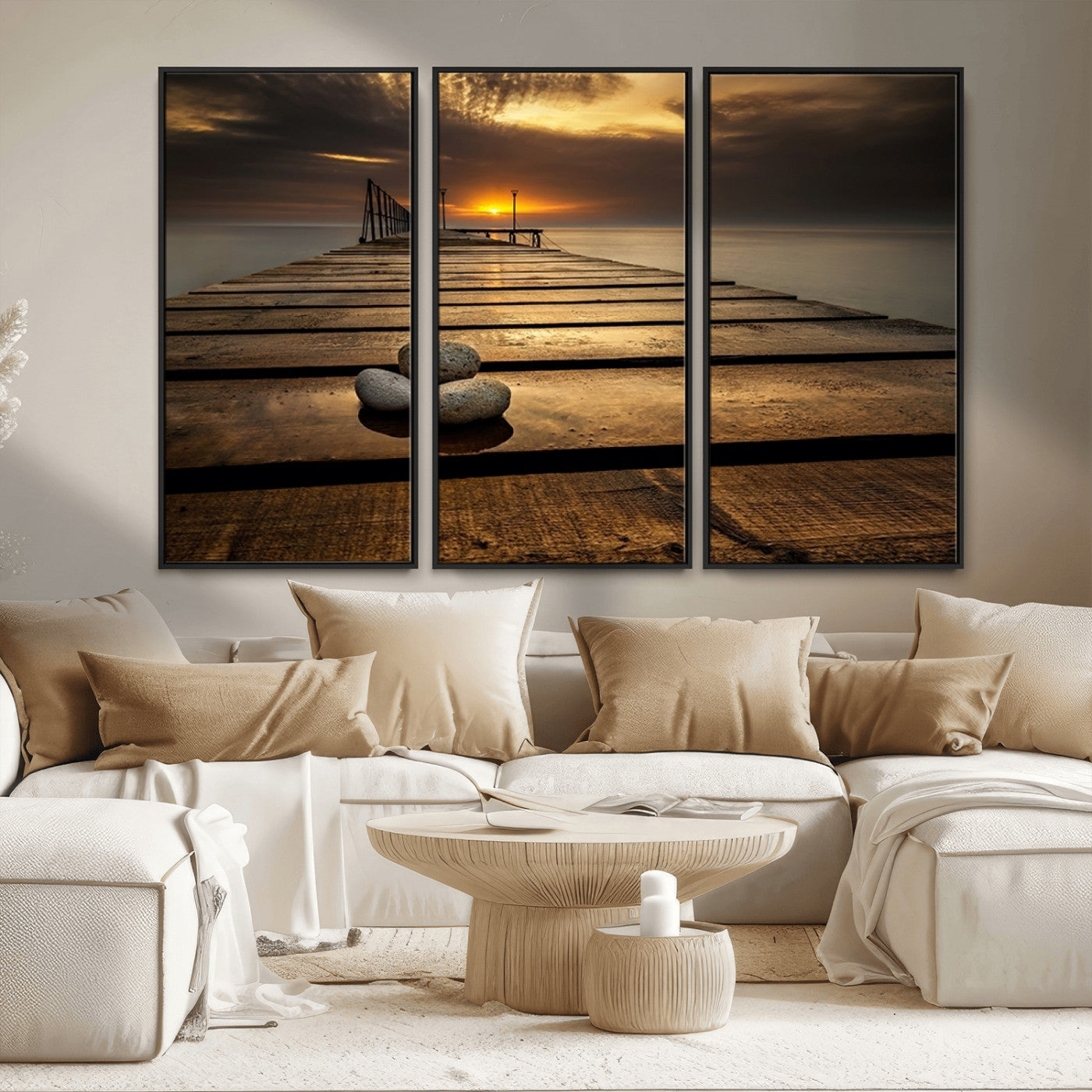 MGV-FC-48X32-3P - Stones on Wooden Pier at Sunset Canvas Print, Serene Coastal Wall Art, Beach Sunset Photography,
