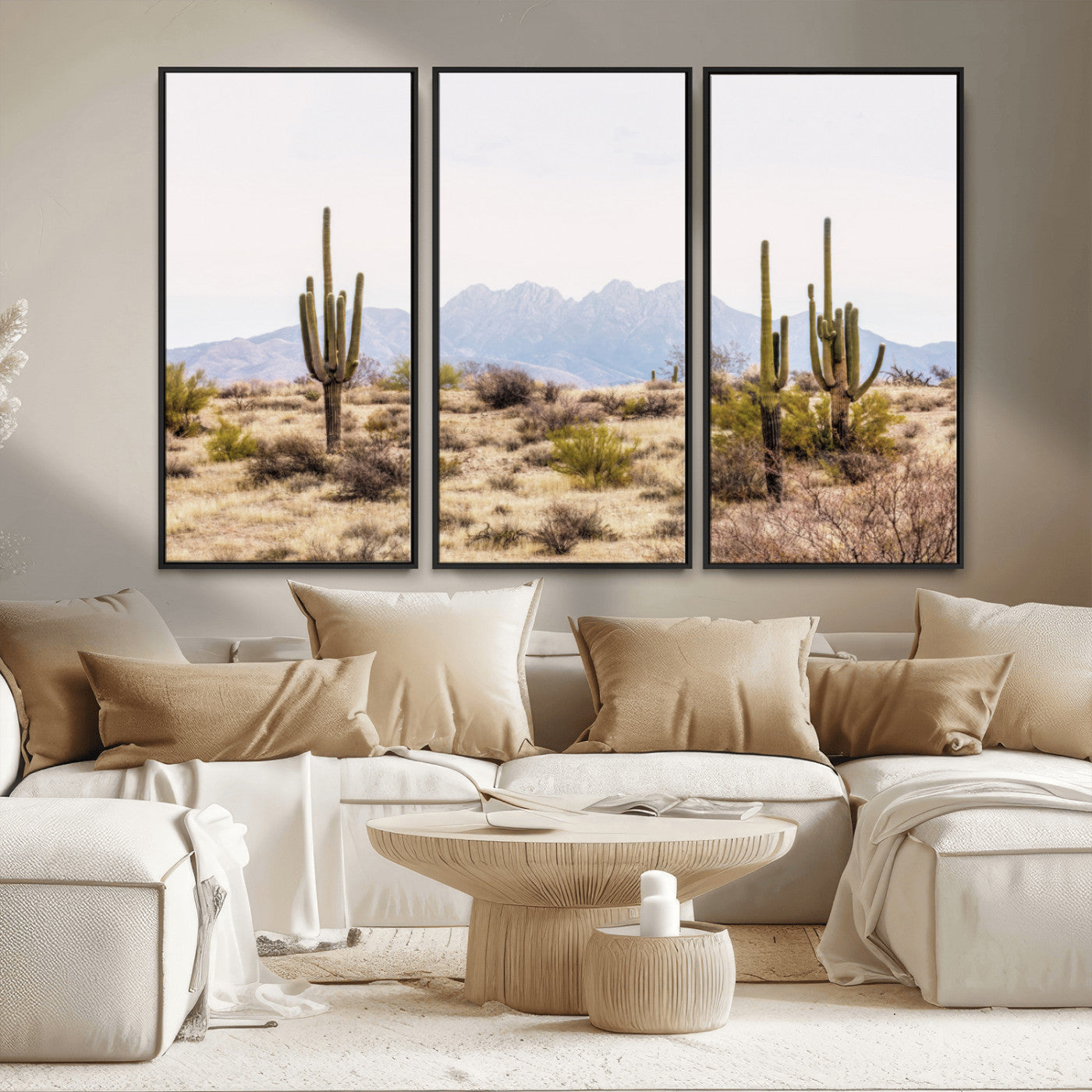 -Desert Cactus Canvas Wall Art – Serene Southwestern Arizona Landscape with Majestic Mountains -