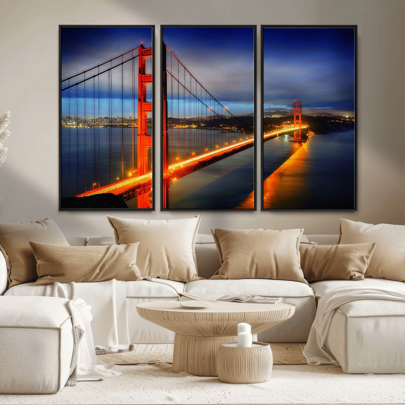 MGV-FC-48X32-3P - Large Wall Art San Francisco Canvas Print - Wonderful Golden Gate Bridge at Twilight