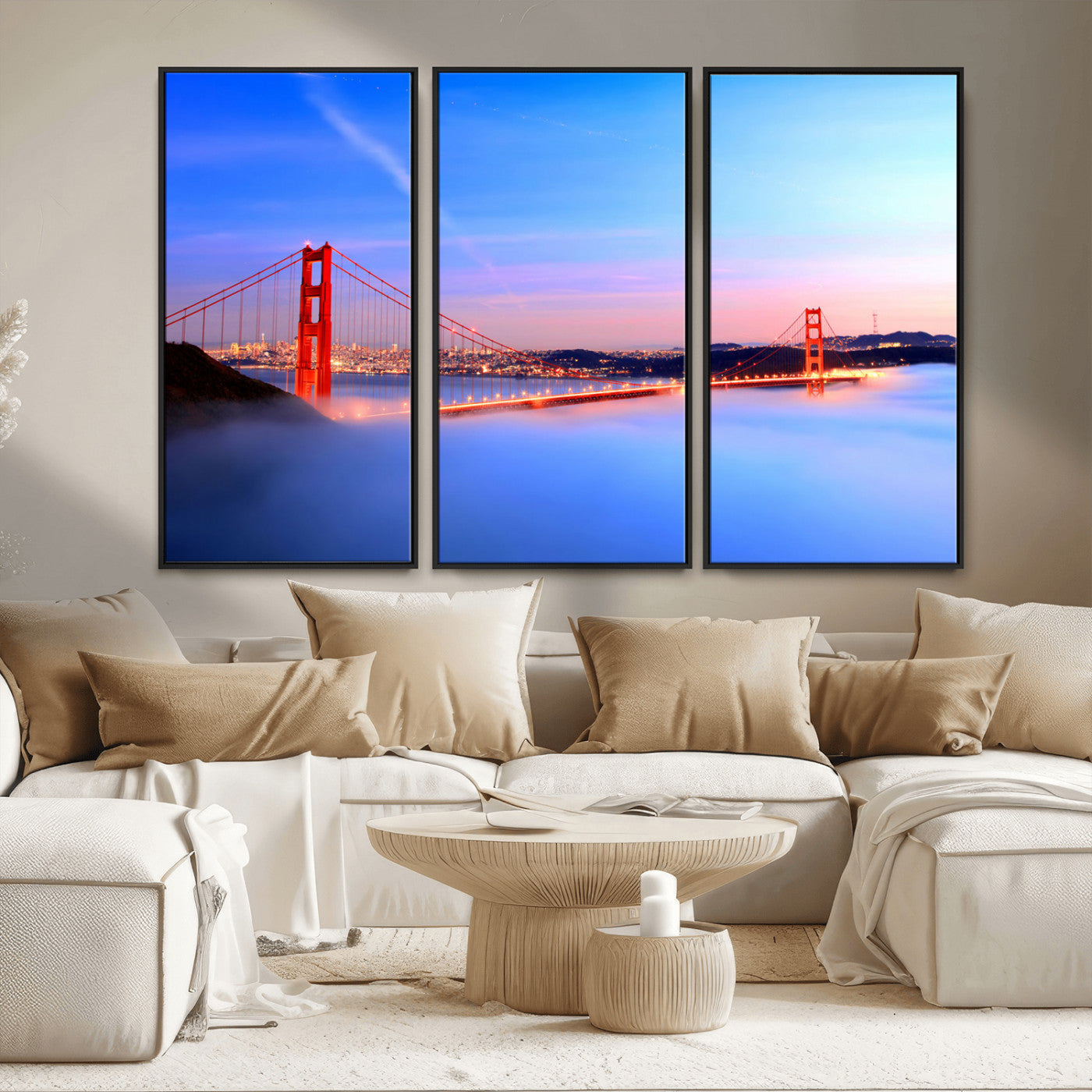 MGV-FC-48X32-3P - Golden Gate Bridge Wall Art Print, San Francisco Sunset Canvas Wall Art, Cityscape Canvas Print for