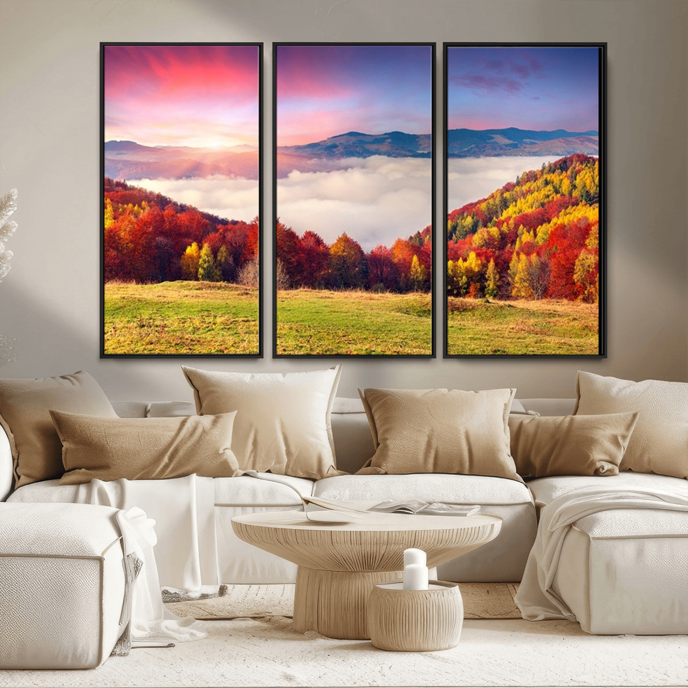 MGV-FC-48X32-3P - Autumn Mountain Foggy Landscape Wall Art Canvas Print | Beautiful Forest Canvas Print | Misty