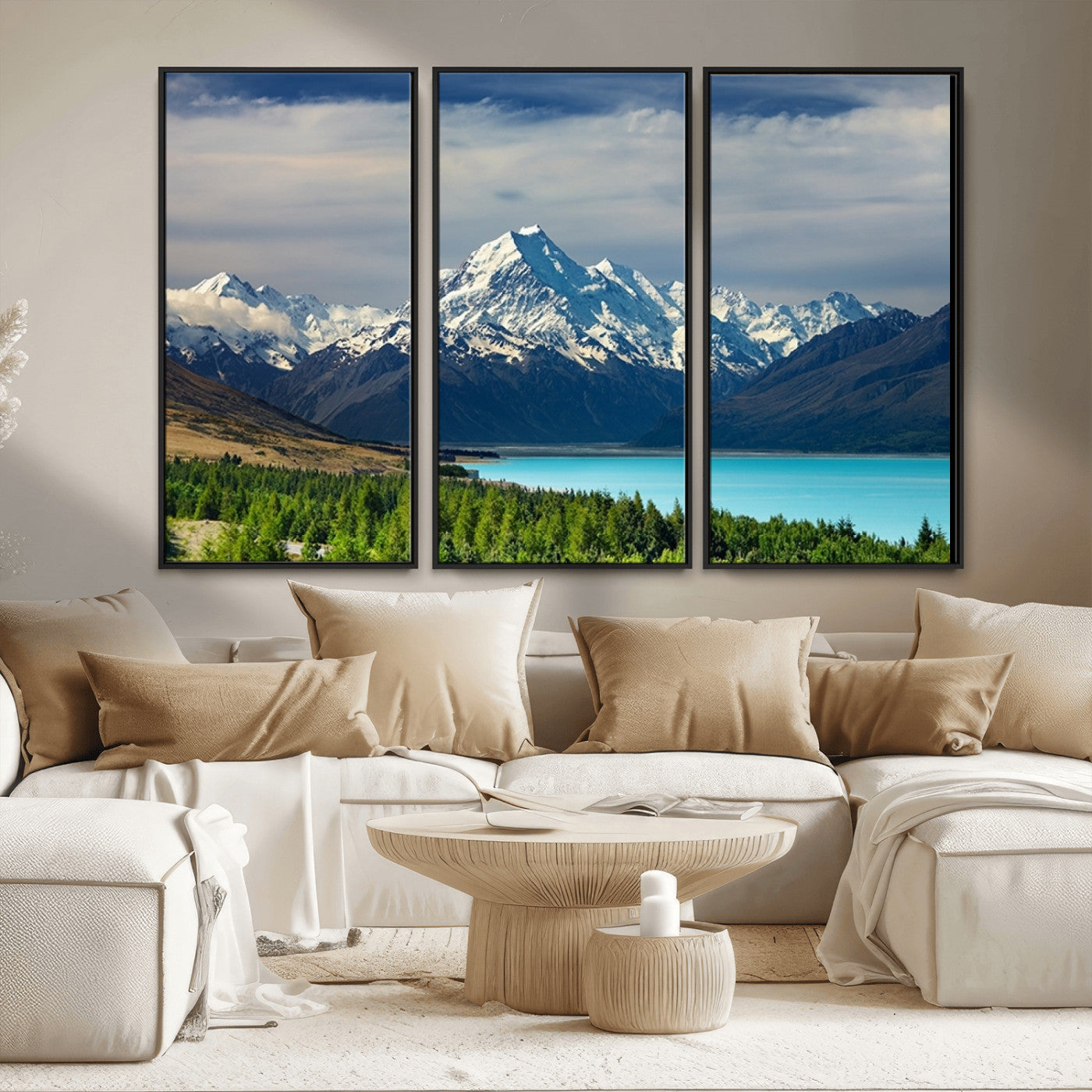 MGV-FC-48X32-3P - Mount Cook and Lake Pukaki Canvas Wall Art Print – Majestic Snow-Capped Peaks and Serene Lake Wall
