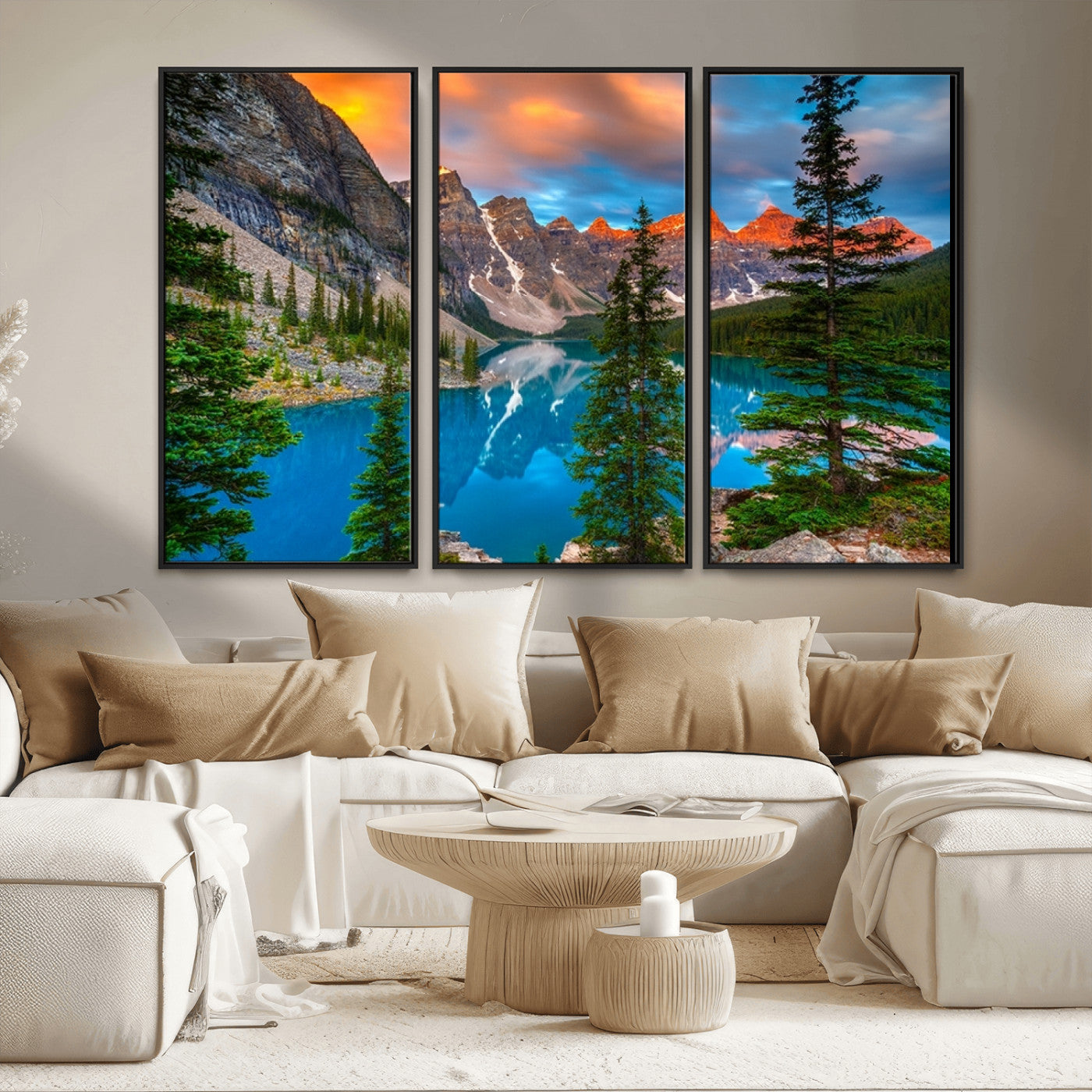 MGV-FC-48X32-3P - Canadian Rockies Moraine Lake Wall Art Canvas Print, Pine Trees Mountain Spring Canvas Print