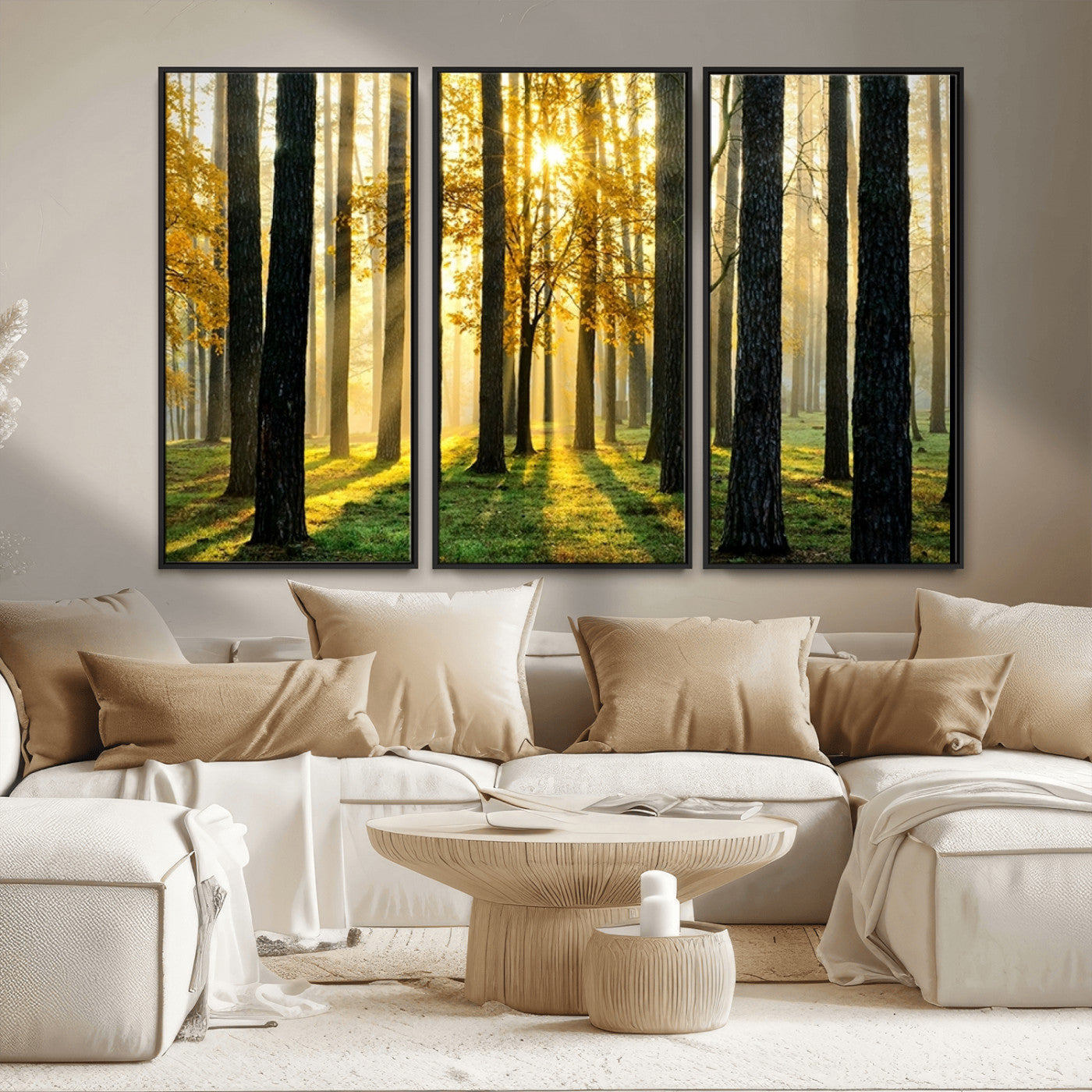 MGV-FC-48X32-3P - Sunlit Forest Wall Art Canvas Print - Large Framed Woodland Wall Art for Home or Office Decor,