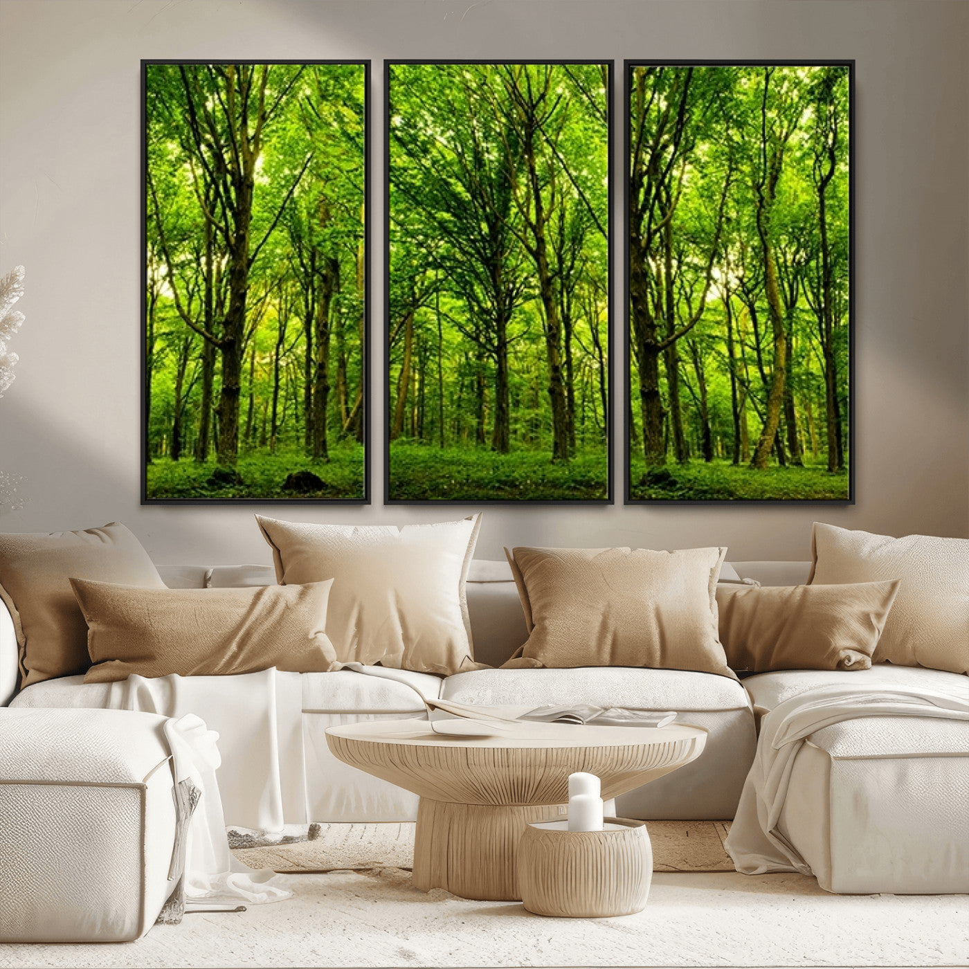 MGV-FC-48X32-3P - Lush Green Forest Canvas Print | 3-Panel Forest Wall Art | Nature Landscape for Living Room