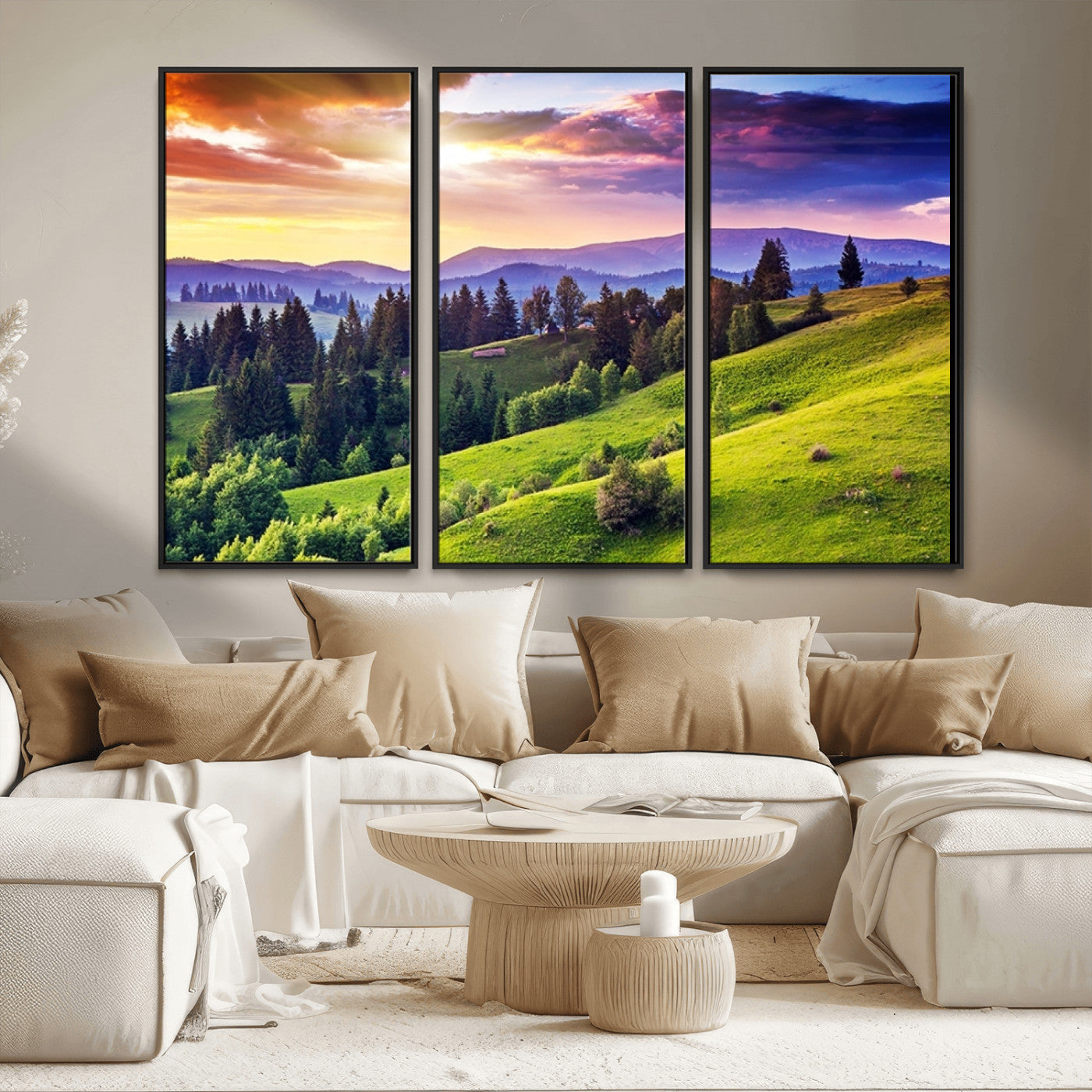 MGV-FC-48X32-3P - Green Hills and Sunset Wall Art Print - Scenic Landscape with Lush Greenery and Vibrant Sky, Ready