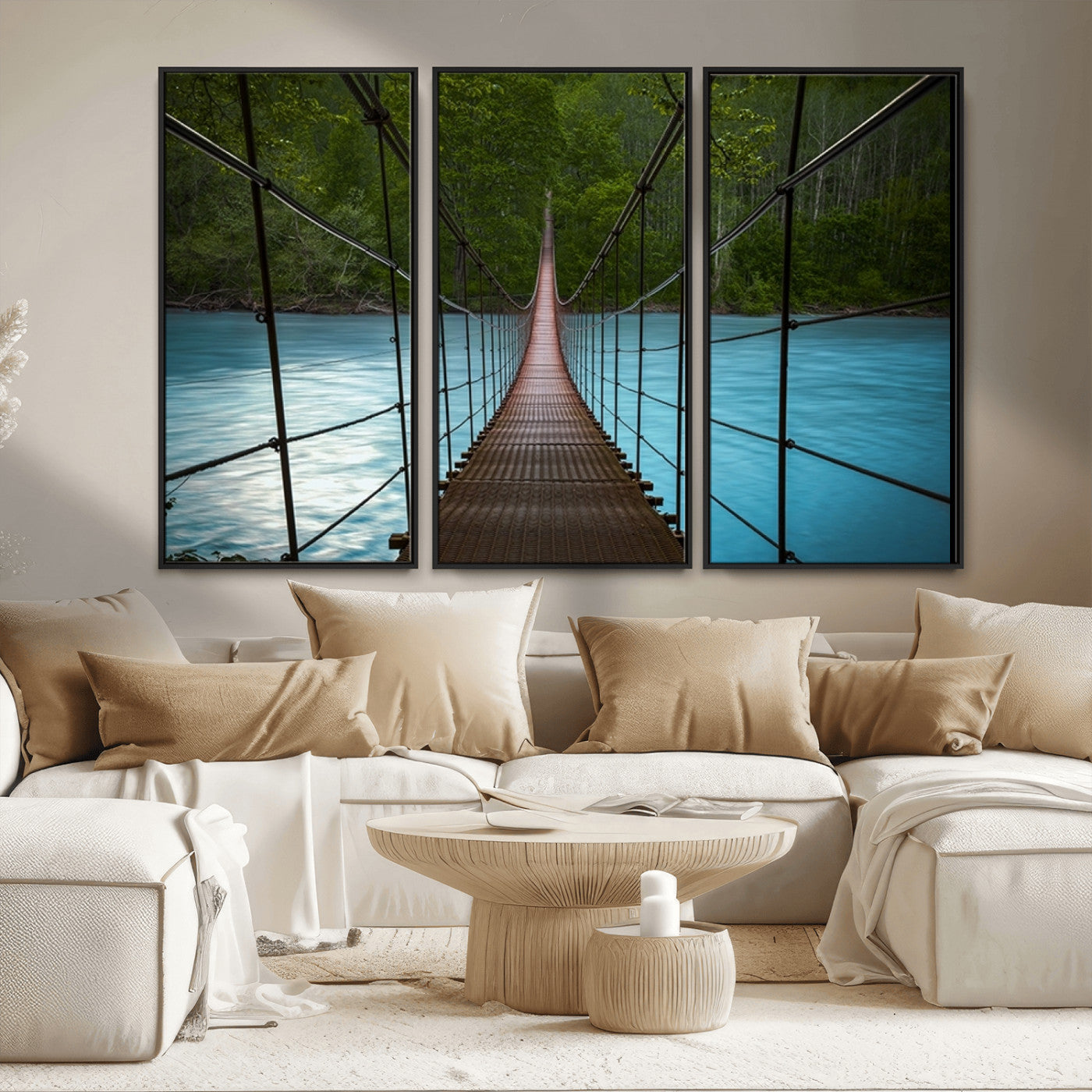MGV-FC-48X32-3P - Suspension Bridge Over River Canvas Art | 3-Panel Nature Photography | Scenic Wall Art for Living
