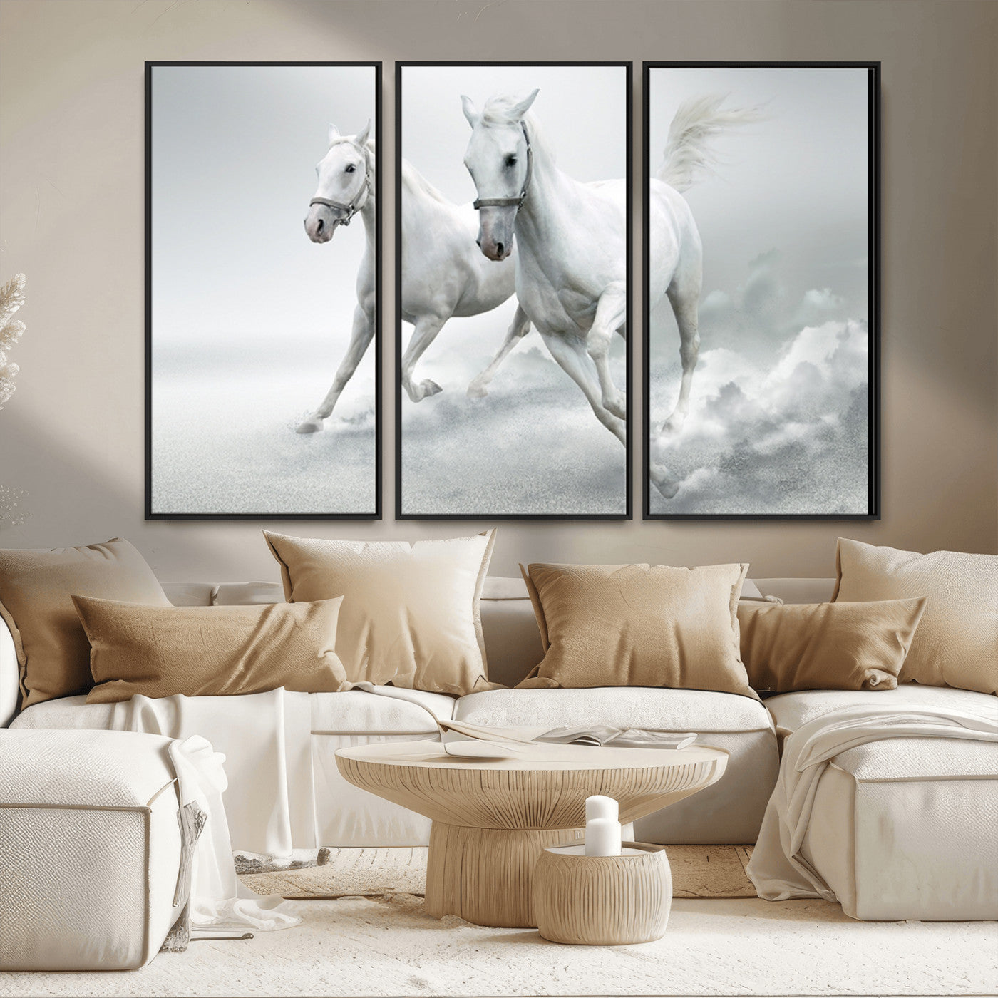 MGV-FC-48X32-3P - Large Wall Art Animal Canvas Print - Beautiful Running White Horses