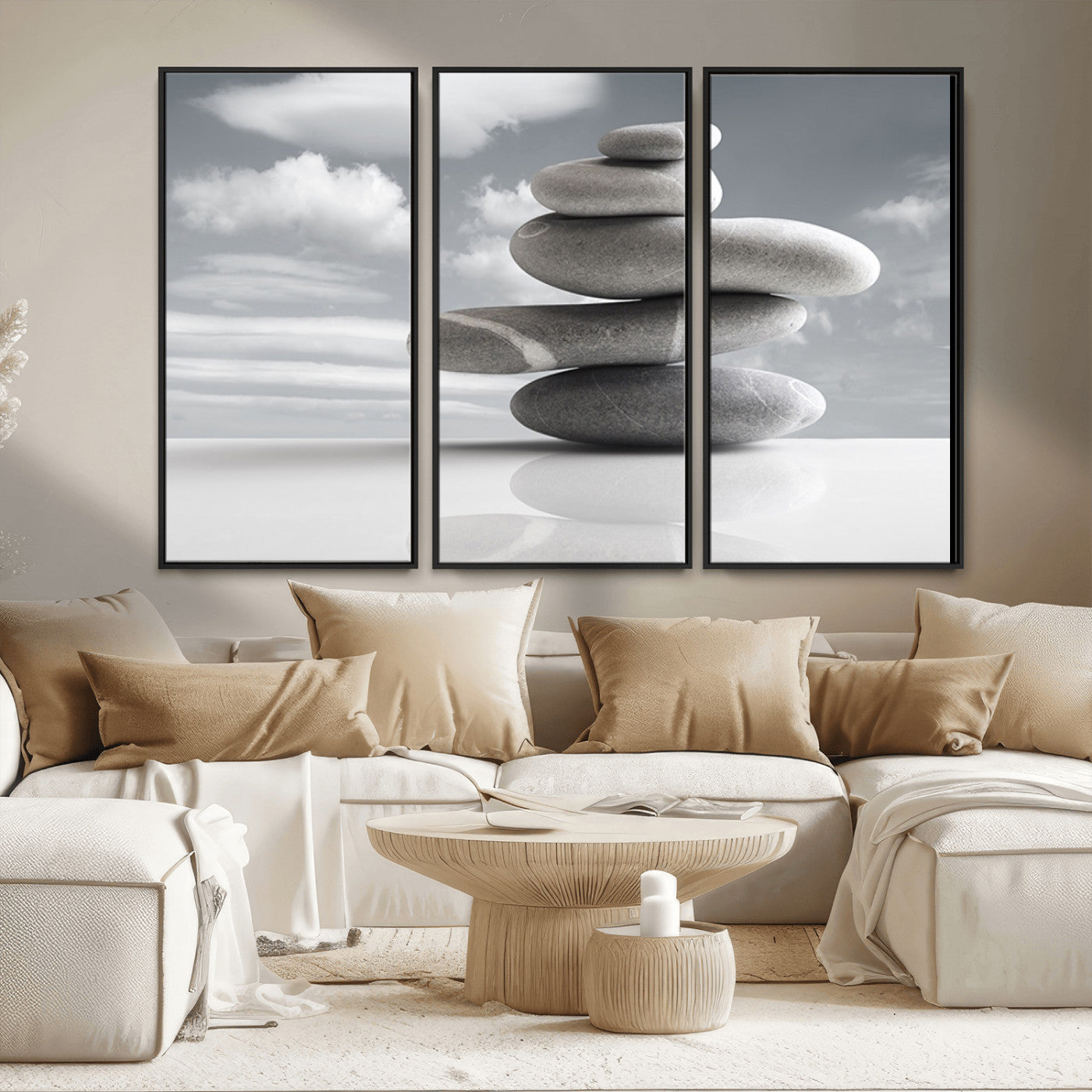 MGV-FC-48X32-3P - Still Life Black and White Zen Stones Wall Art Canvas, Framed Black and White Zen Stones Canvas