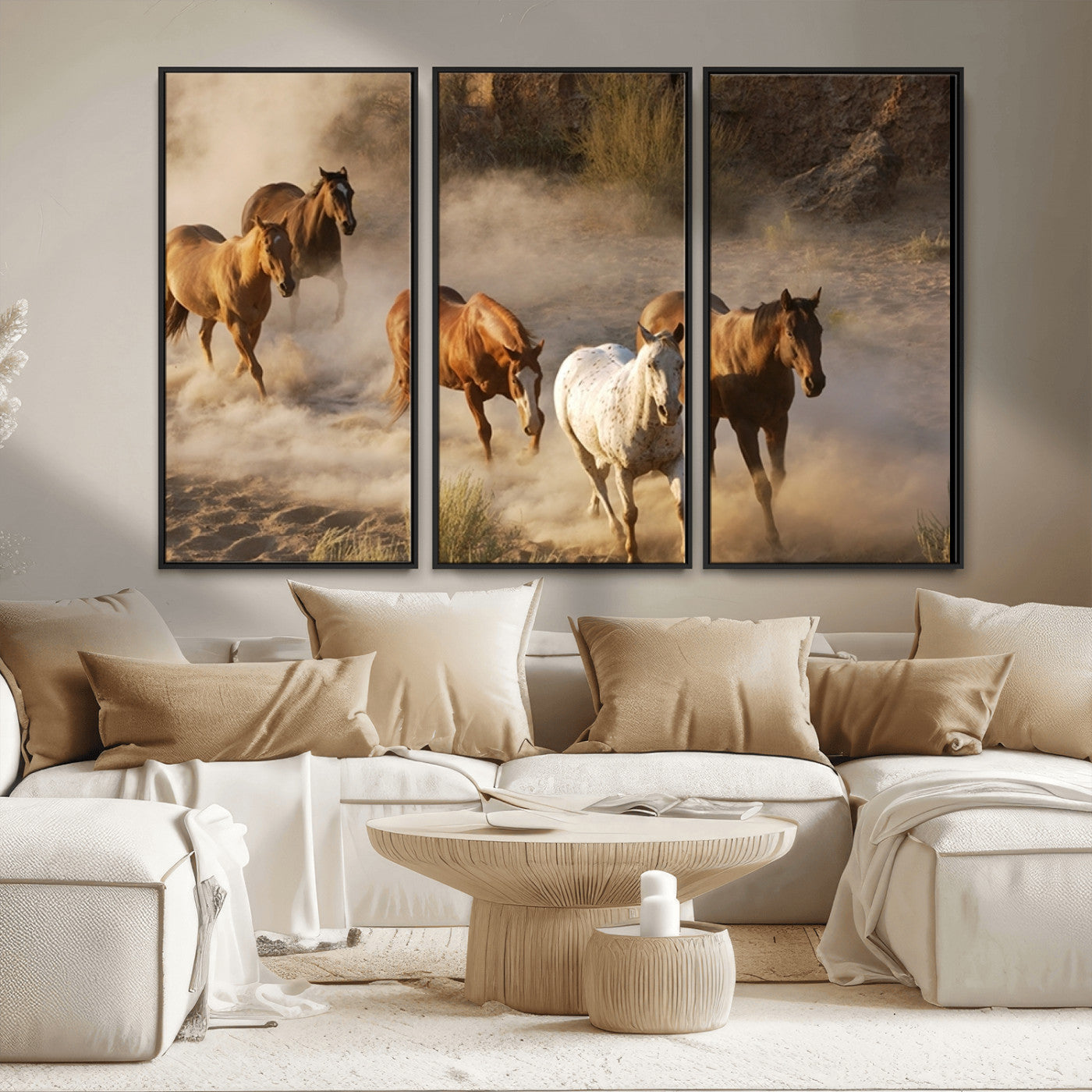 MGV-FC-48X32-3P - Large Wall Art 5 Horses Running on Sand Canvas Print