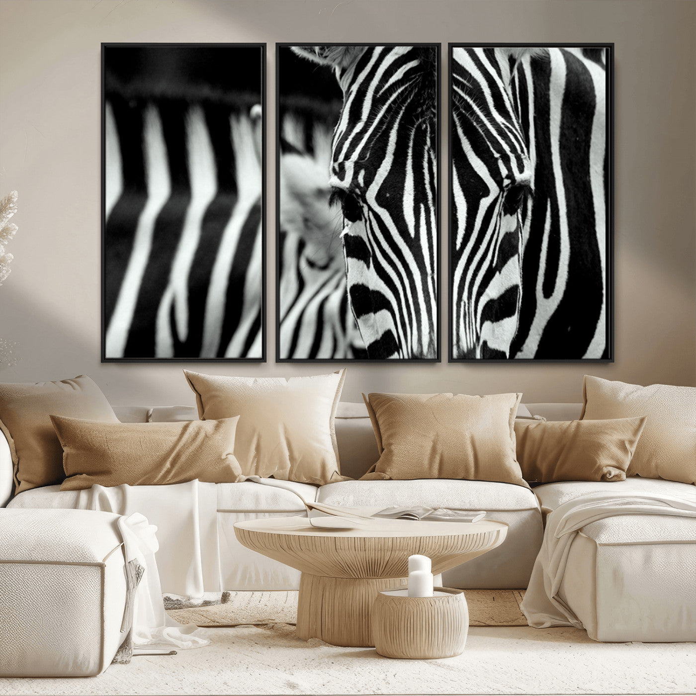 MGV-FC-48X32-3P - Zebra Wall Art – Close Up Black and White Animal Print, Bold Safari Decor for Living Room, Office, or Bedroom