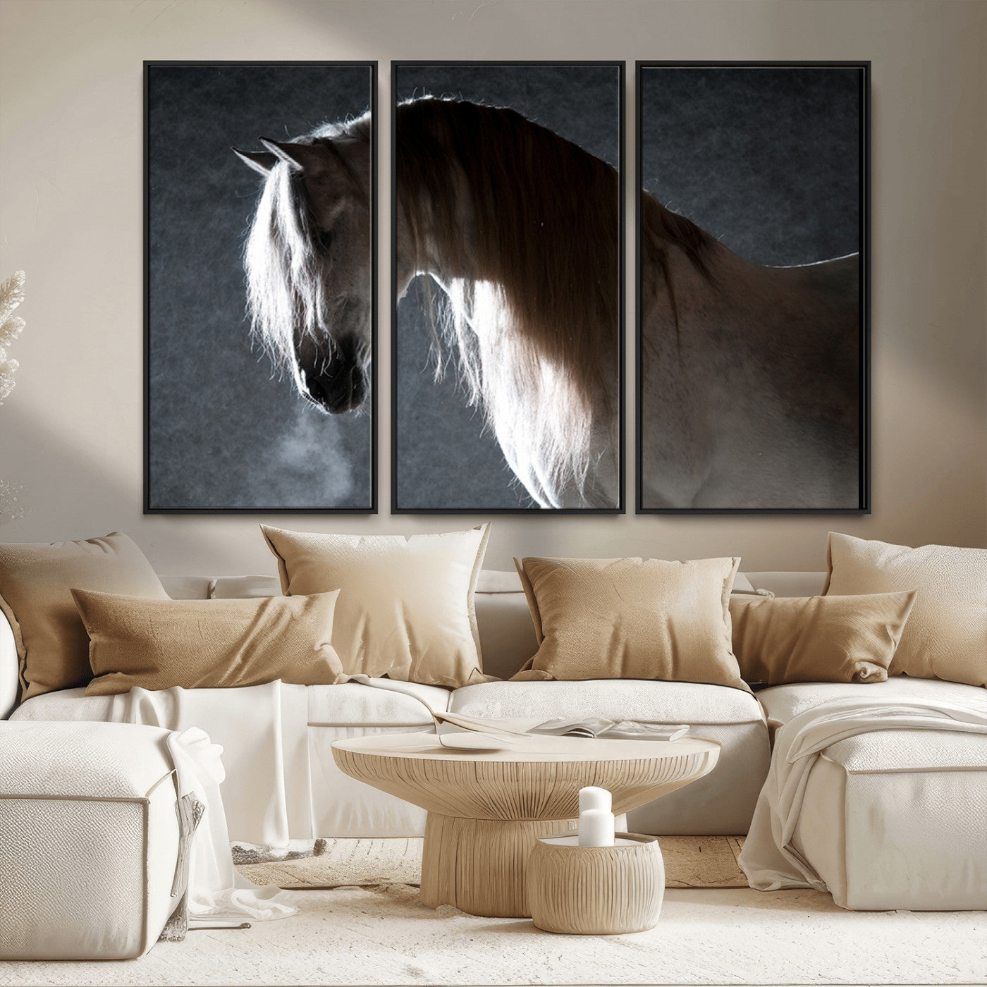 MGV-FC-48X32-3P - Large Wall Art Cream Colored Horse on Grey Background Canvas Print