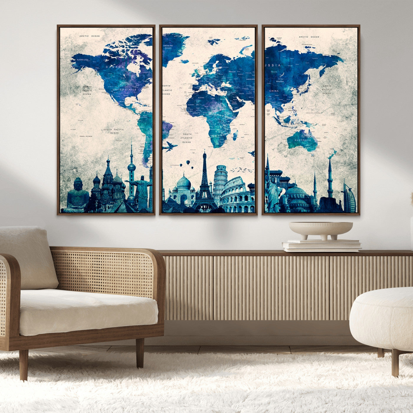 MGV-FC-48X32-3P - Navy Blue World Map Canvas Print, Wonder of World Map Push Pin Canvas Print