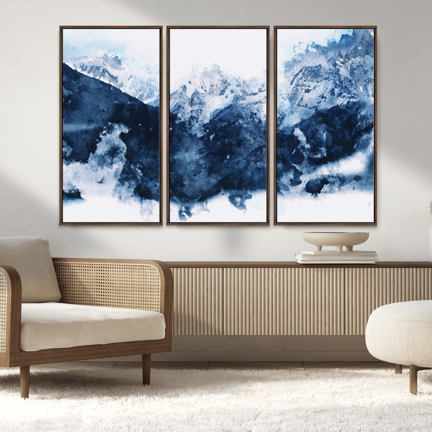 81700-MGV-FC-48X32-3P_Walnut-Abstract Blue Mountain Canvas Wall Art – Modern Triptych Landscape Print – Contemporary Nature Decor for Living Room or Office – Ready to