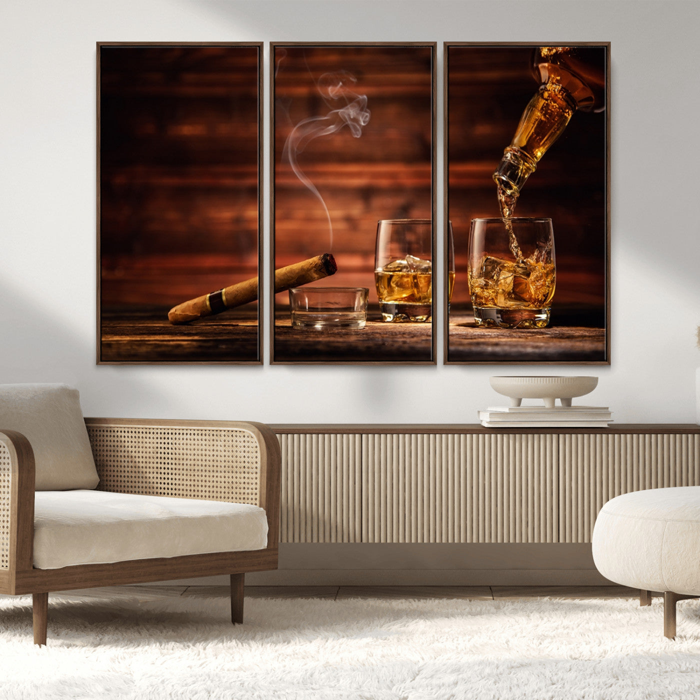 MGV-FC-48X32-3P - Whiskey and Cigar Wall Art Canvas | 3 Panel Bar Room Decor for Home Lounge, Office, or Man Cave |