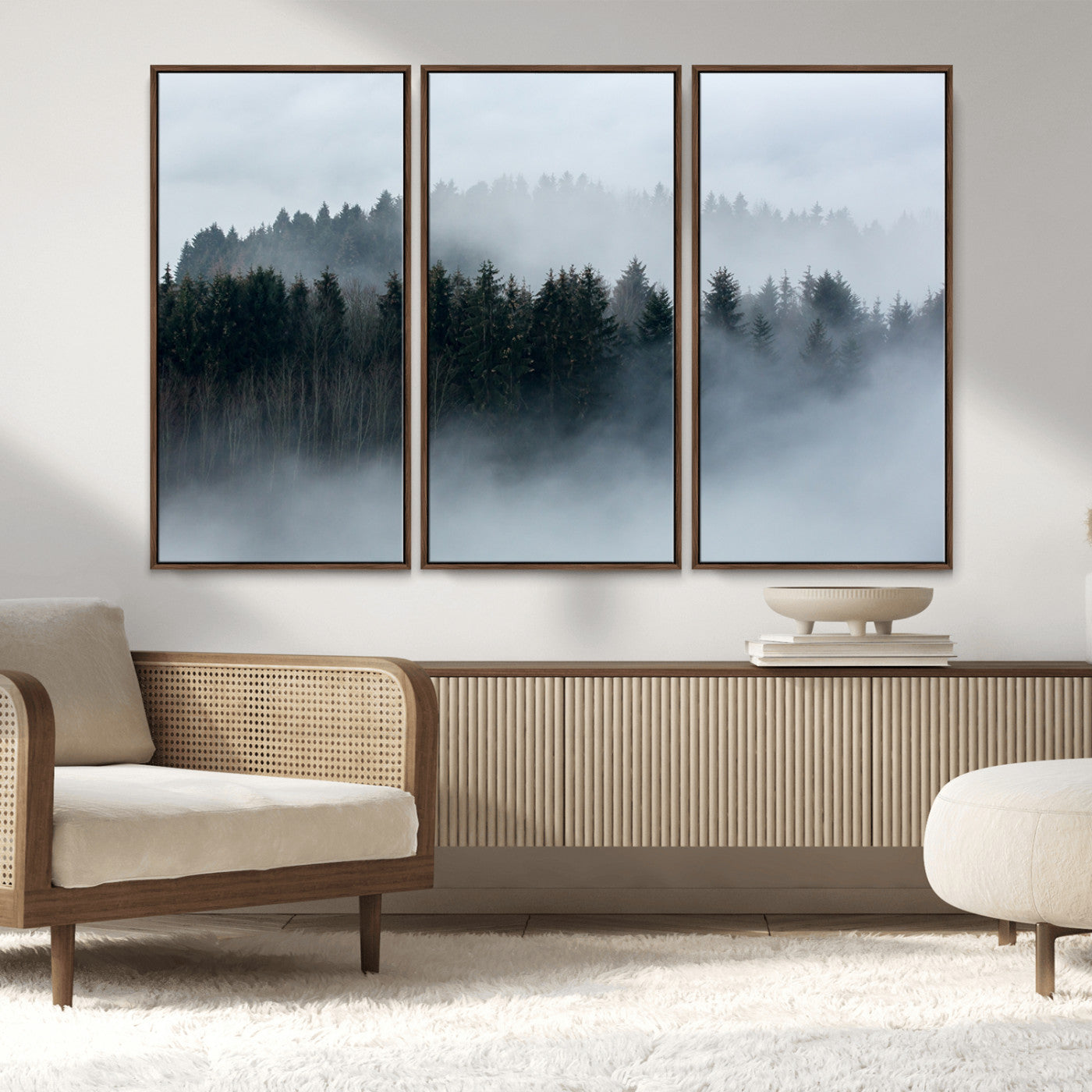 MGV-FC-48X32-3P - Autumn and Misty Trees in the Forest Wall Art Canvas Print, Foggy Forest Mountain Wall Art Canvas