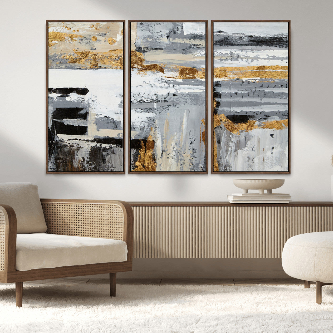 43177-MGV-FC-48X32-3P_Walnut-Abstract Painting Canvas Wall Art Print Paint Drip Art Brush Strokes Gray Artwork
