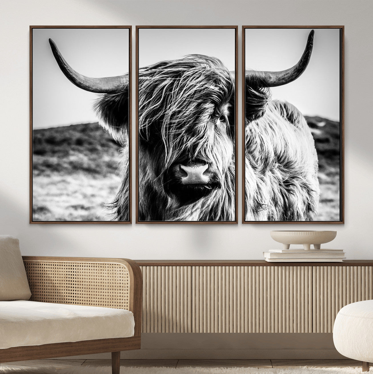 36979-MGV-CV-36X24 - Handsome Scottish Cow Black and White Wall Decor Canvas Art Print Extra Large Wall Art Highland Cattle Canvas Picture Animal Art Nature Photography High Quality Original Canvas Framed Ready to Hang
