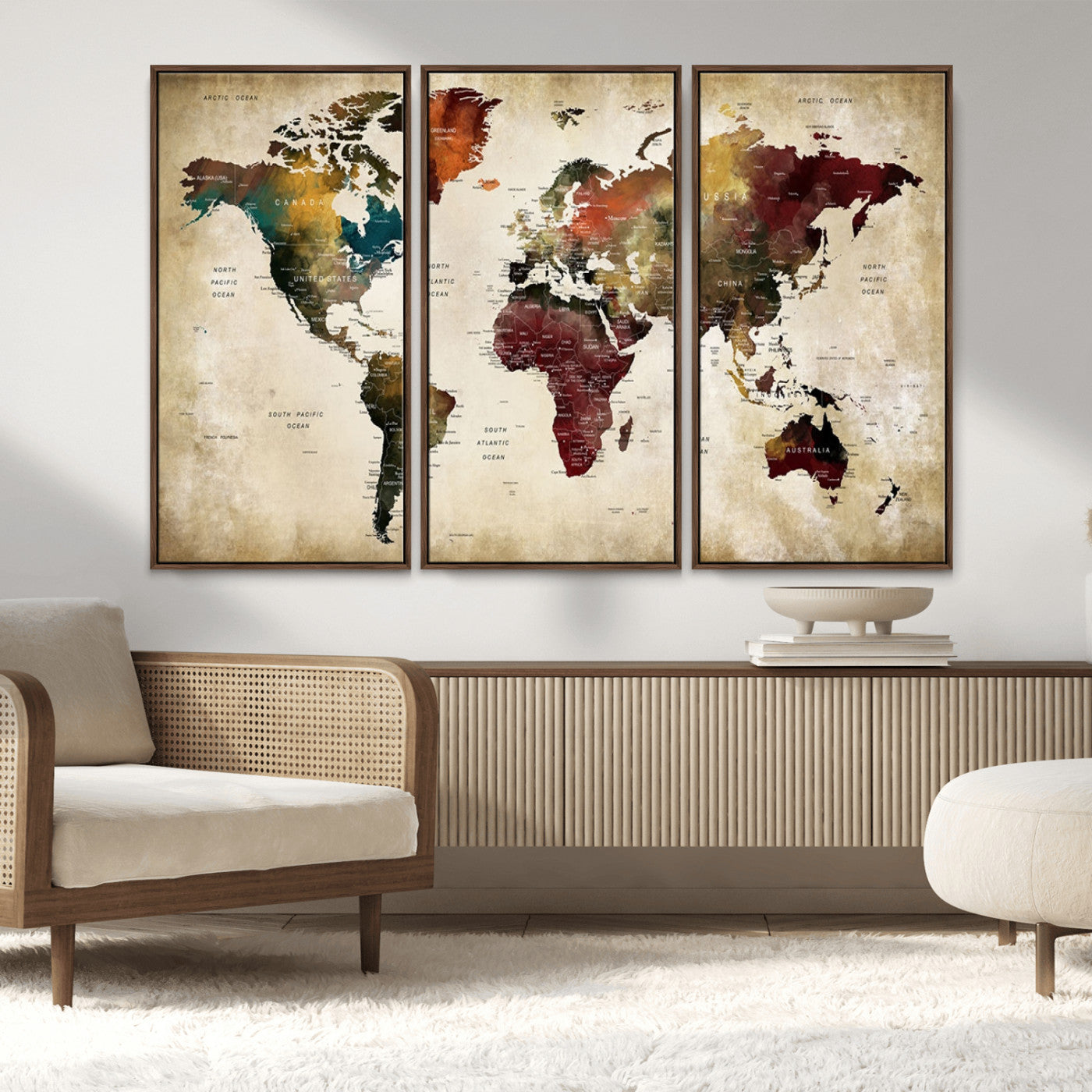 MGV-FC-48X32-3P - Large World Map Wall Art Canvas Print, Framed Push Pin Map Art Picture Print, Abstract Traveller Map Perfect Modern Decor Artwork