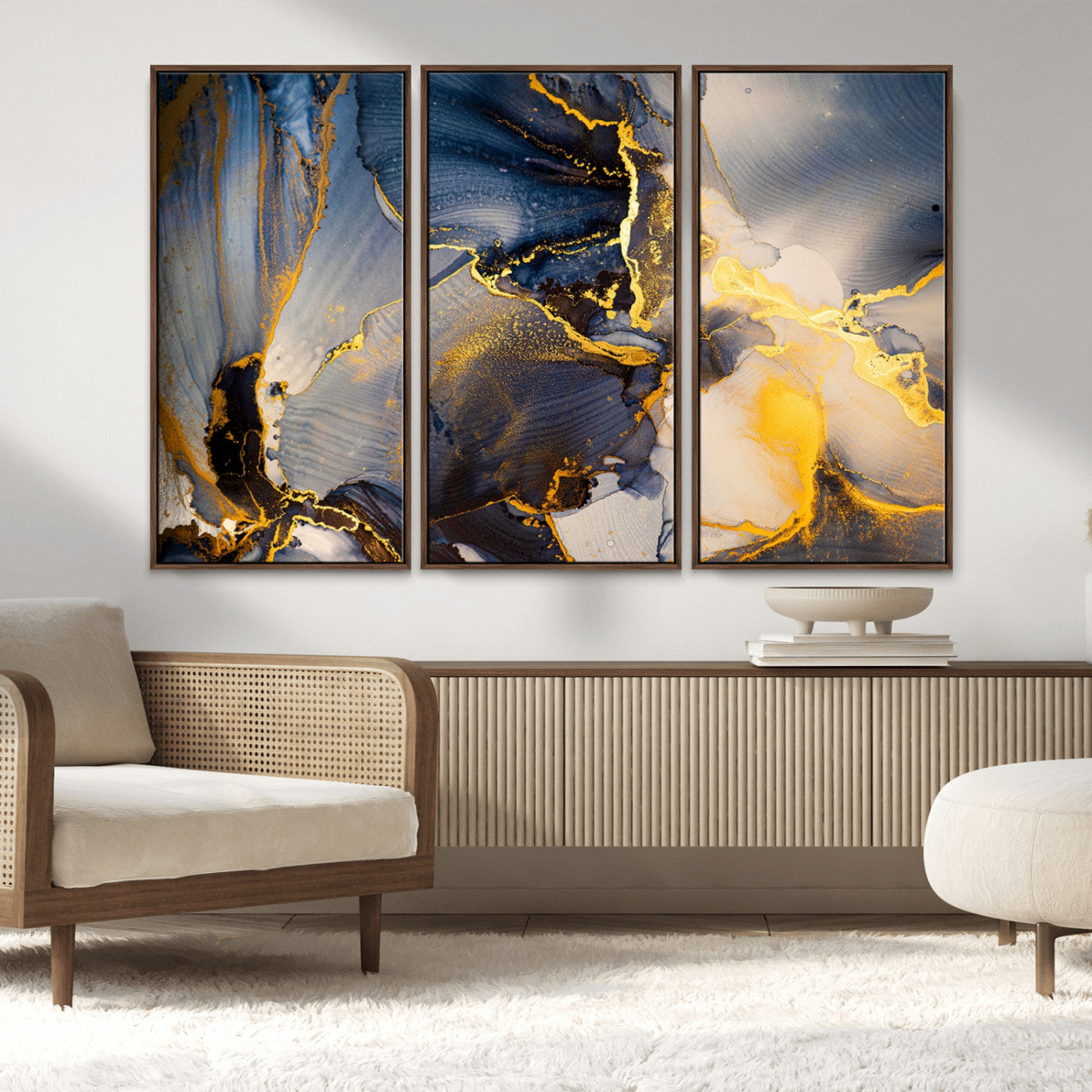 42100-MGV-FC-48X32-3P_Walnut-Large Abstract Wall Art Print - Gold and Blue Abstract Canvas Wall Art | Fluid Ink Modern Luxury Wall Decor for Living Room Decor