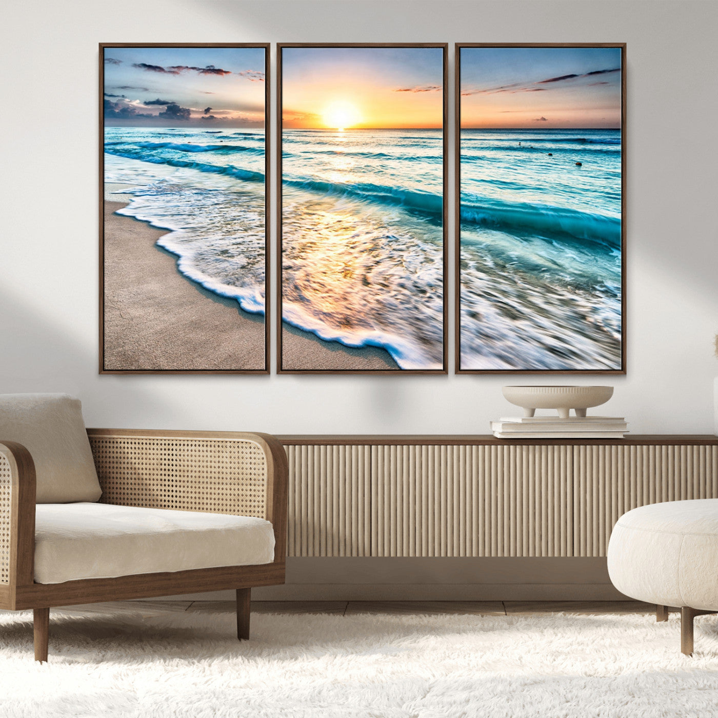 MGV-FC-48X32-3P - Sunset Beach Waves Canvas Wall Art – 5-Panel Ocean Sunset Print – Coastal Decor for Living Room or
