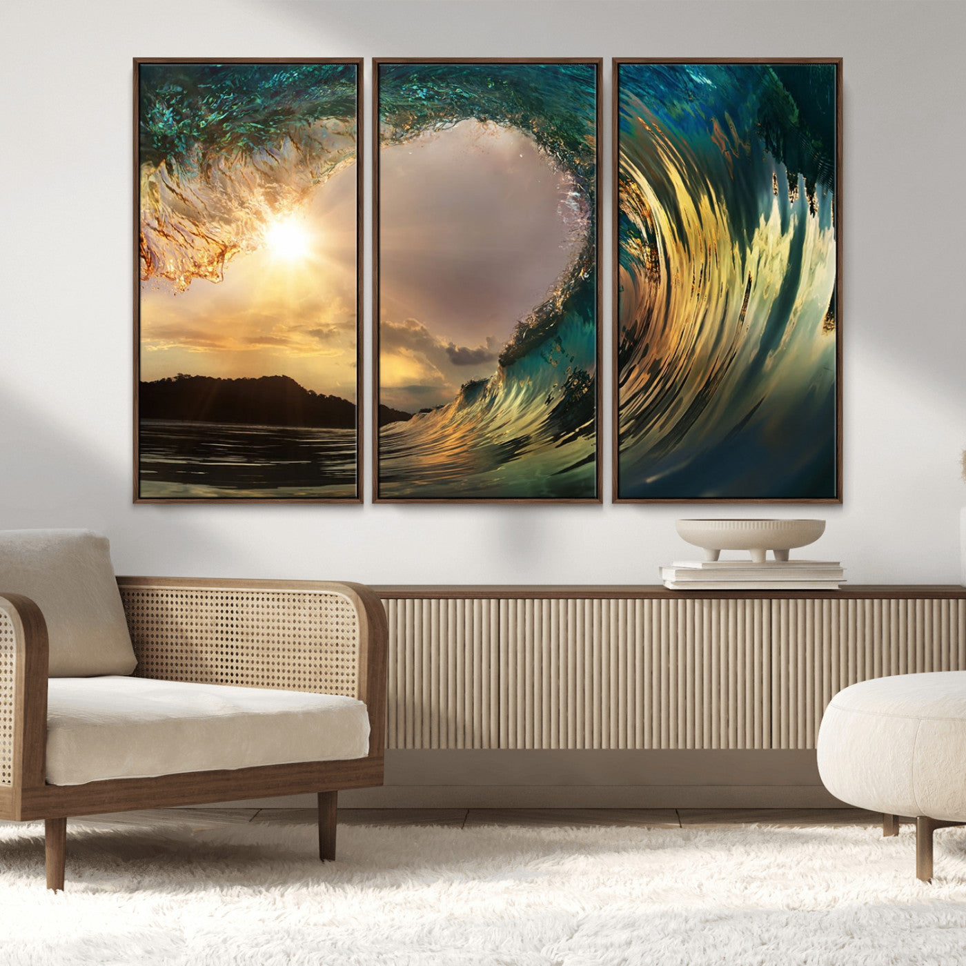MGV-FC-48X32-3P - Golden Wave Sunset Giclee Canvas Print – Large Coastal Wall Art for Nature Lovers, Captivating Ocean Wave Decor