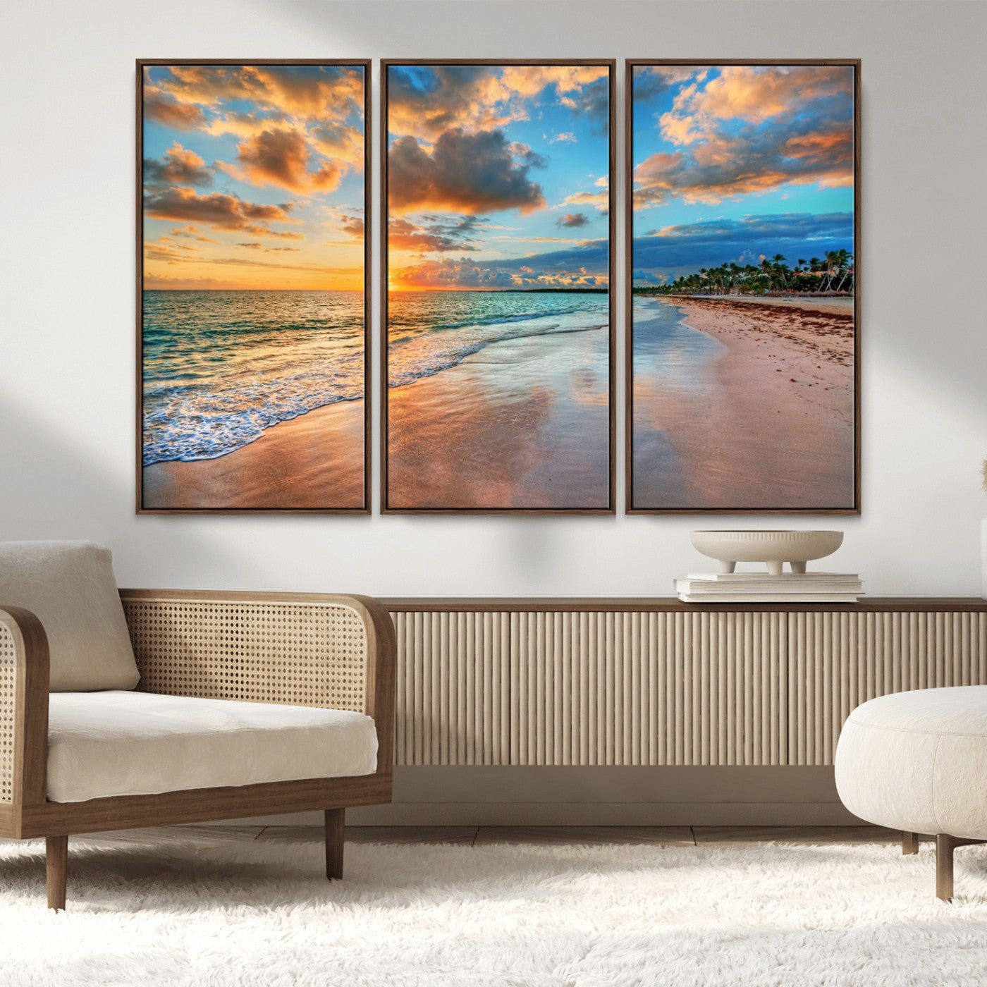 MGV-FC-48X32-3P - Sunset Ocean Waves on Tropical Beach, 3-Panel Giclee Canvas Art for Coastal Home Decor, Vibrant Palm-Lined Shore