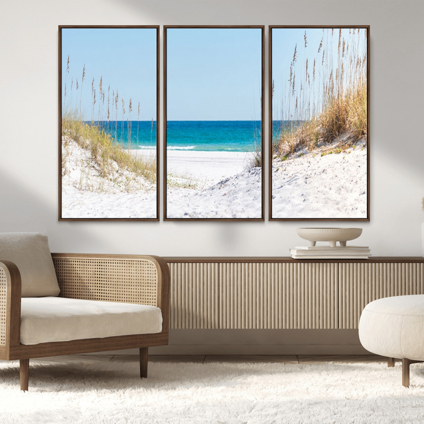 MGV-FC-48X32-3P - Serene Coastal Dune Path with Ocean View, 3-Panel Beach Canvas Wall Art, Tranquil Seascape Giclee Print, Gallery Wrap, Perfect for Coastal Home Decor