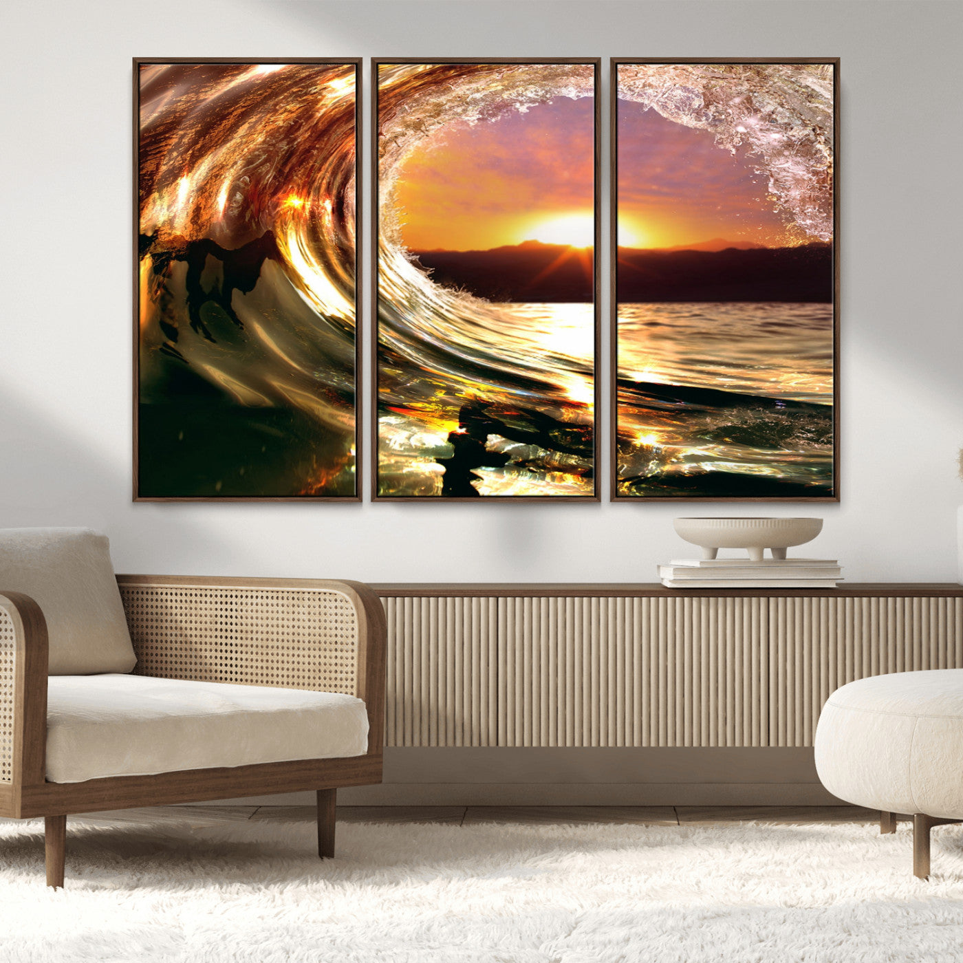 MGV-FC-48X32-3P - Golden Wave Sunset Triptych Canvas Art, Giclee Canvas Print of Ocean Wave and Sunset, Framed Ocean