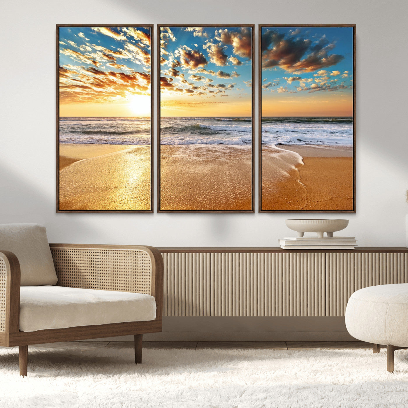 MGV-FC-48X32-3P - Golden Sunset Beach Print Canvas Wall Art, Giclee Canvas Print with Canon Print Quality, Triptych