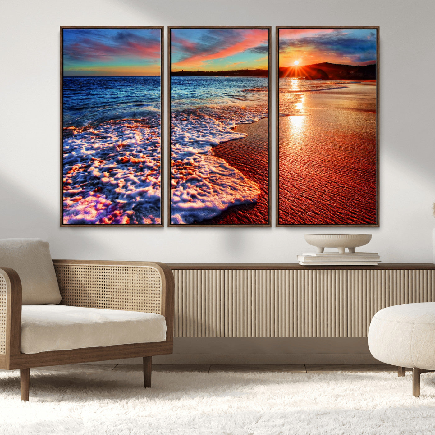 MGV-FC-48X32-3P - Colorful Coastal Sunset on the Beach Canvas Print, Ocean Waves Crashing at Dusk, Multi-Panel Seascape Vibrant Coastal Wall Art Canvas Print