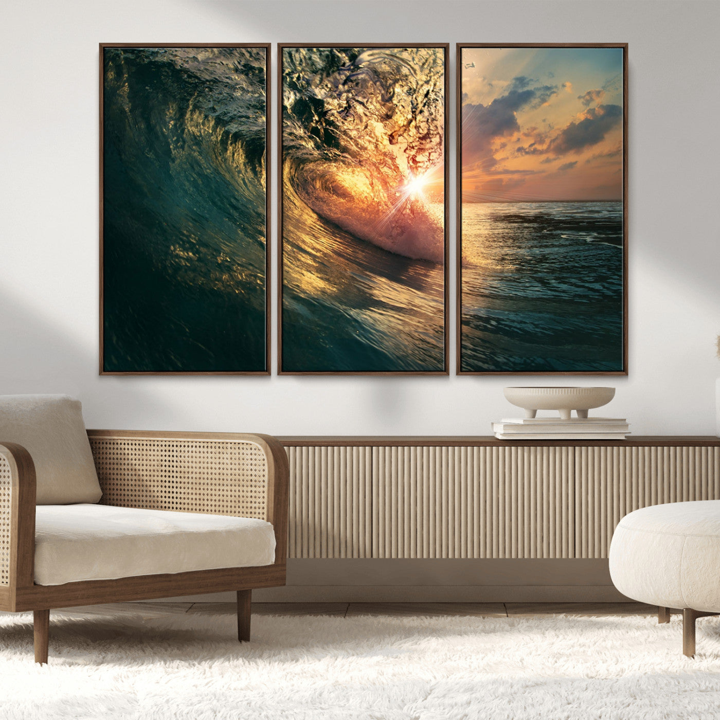 MGV-FC-48X32-3P - Ocean Wave Sunset Canvas Wall Art – Triptych Seascape Print – Framed and Ready to Hang for Living Room or Office