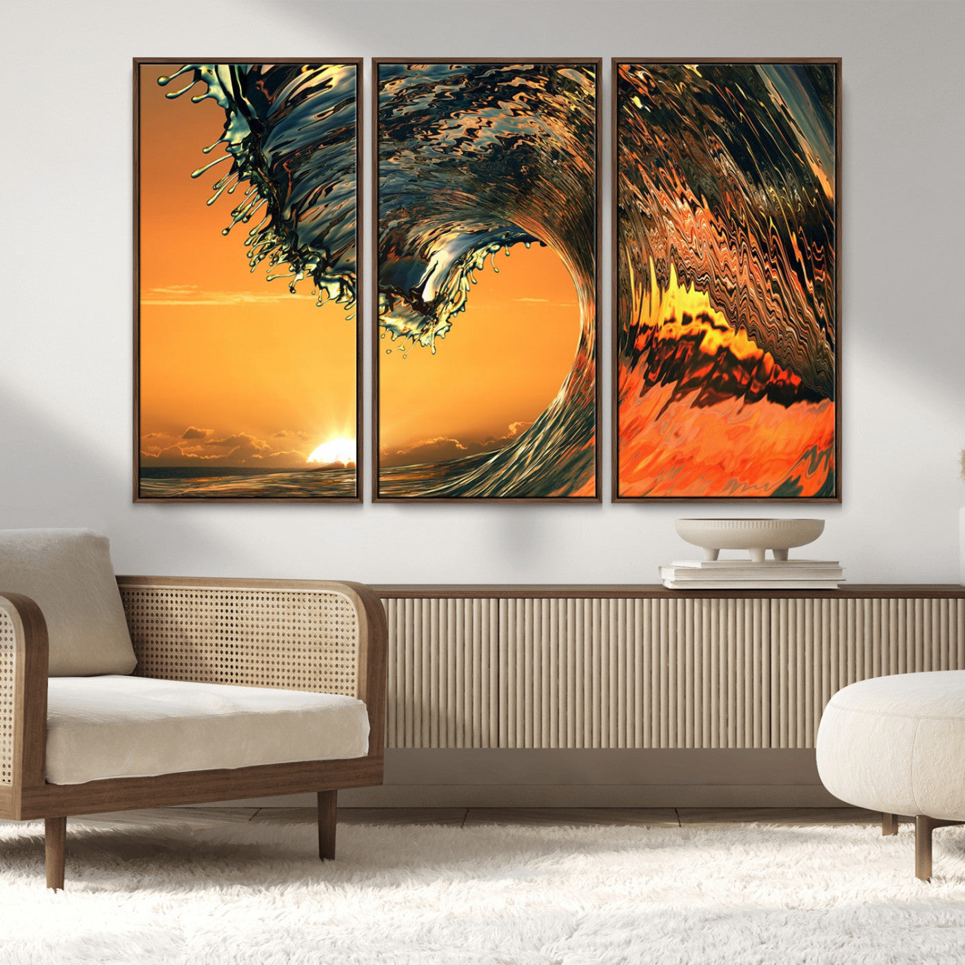 96977-MGV-FC-48X32-3P_Walnut-Surf Wave Sunset Canvas Wall Art Print, 3-Panel Ocean Coastal Wall Art Print, Ocean Decor for