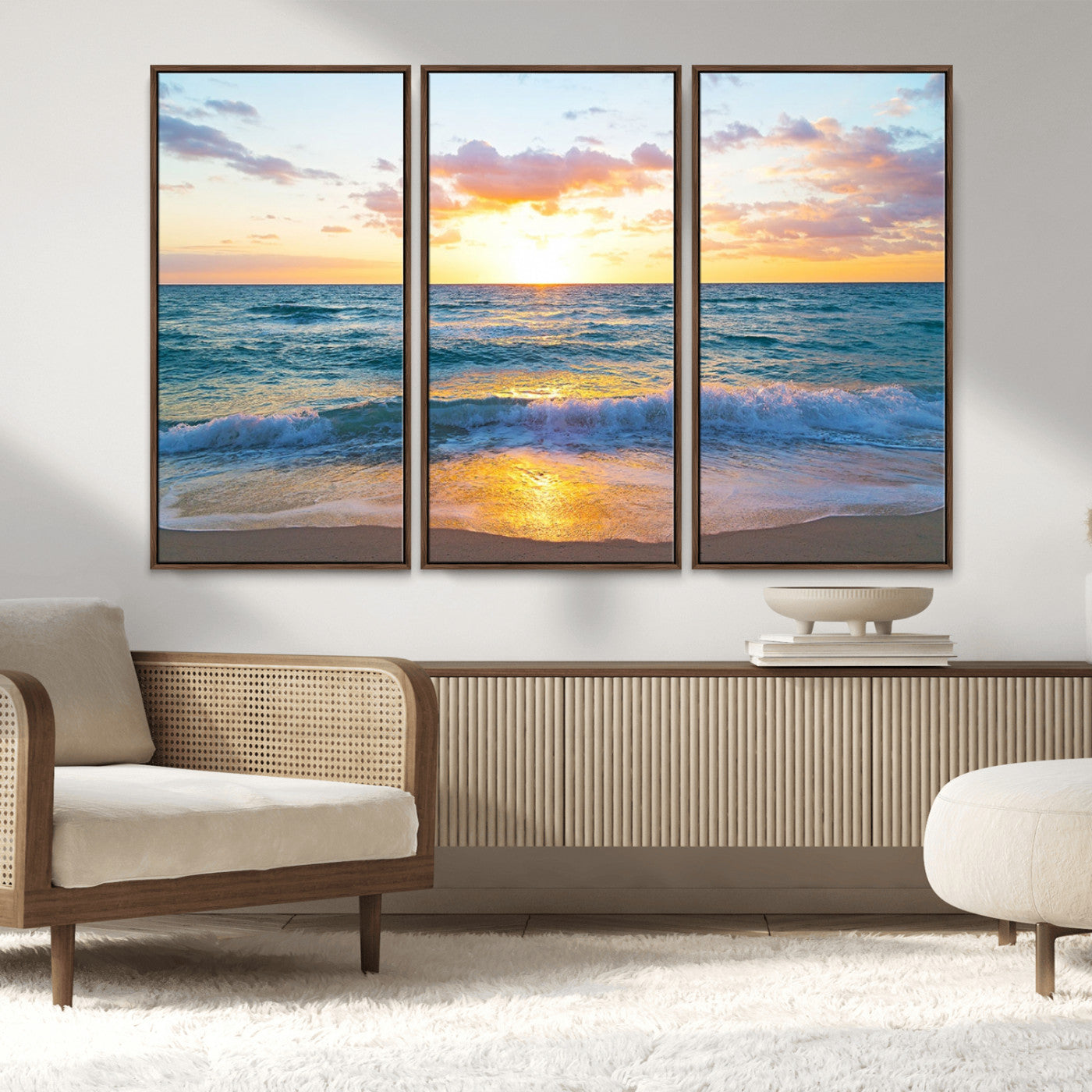 MGV-FC-48X32-3P - Ocean Sunset Triptych Canvas Wall Art, Giclee Beach Sunset Print with Gentle Waves, Coastal Art for Relaxation Spaces