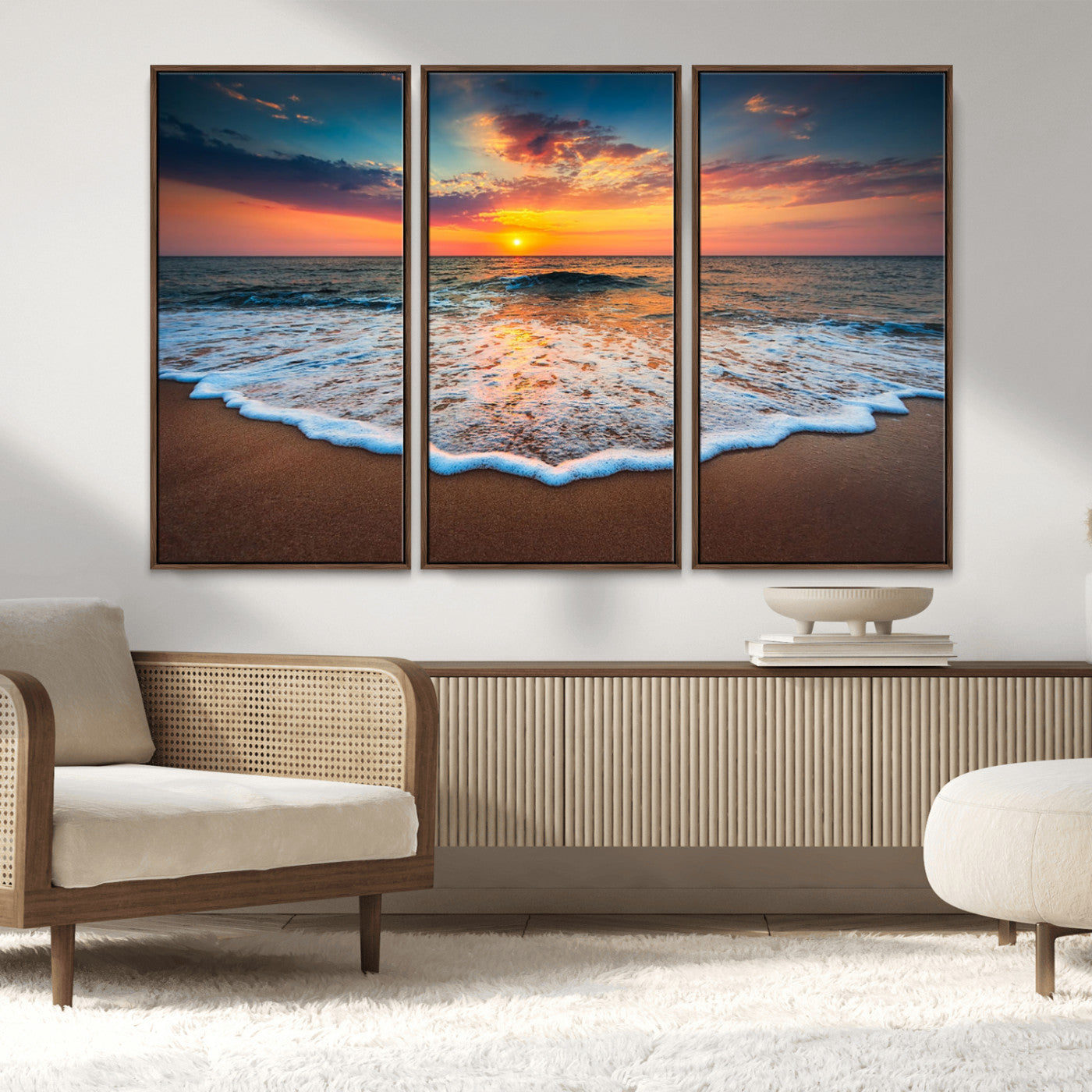 MGV-FC-48X32-3P - Sunset Beach Canvas Wall Art – Colorful Ocean Waves Triptych – Coastal Decor for Living Room or Bedroom – Framed and Ready to Hang