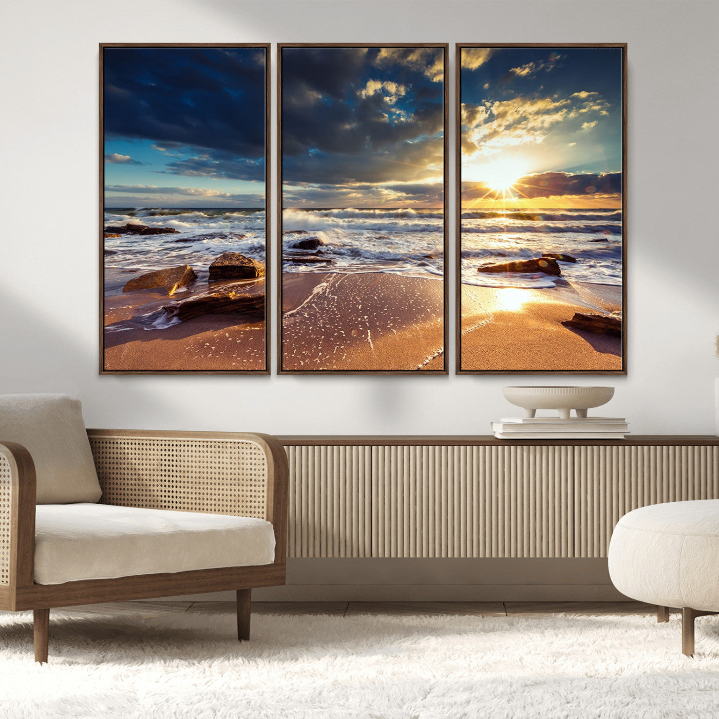 MGV-FC-48X32-3P - Golden Hour Beach Sunset Canvas Triptych, Ocean Waves and Rocks Wall Art for Coastal Home Decor