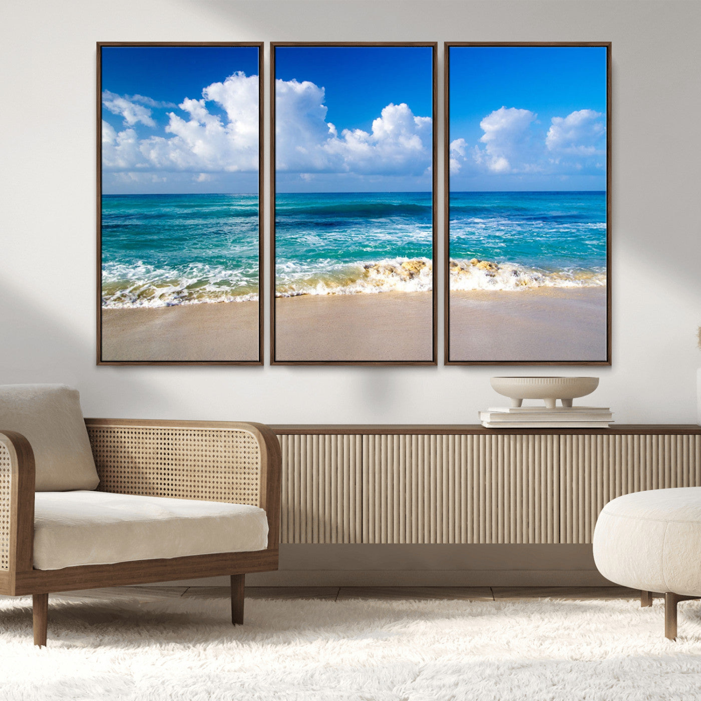 MGV-FC-48X32-3P - Tropical Beach 3-Panel Canvas Wall Art – Serene Ocean Waves and Blue Sky – Giclée Print for Living Room, Office, or Bedroom Coastal Decor