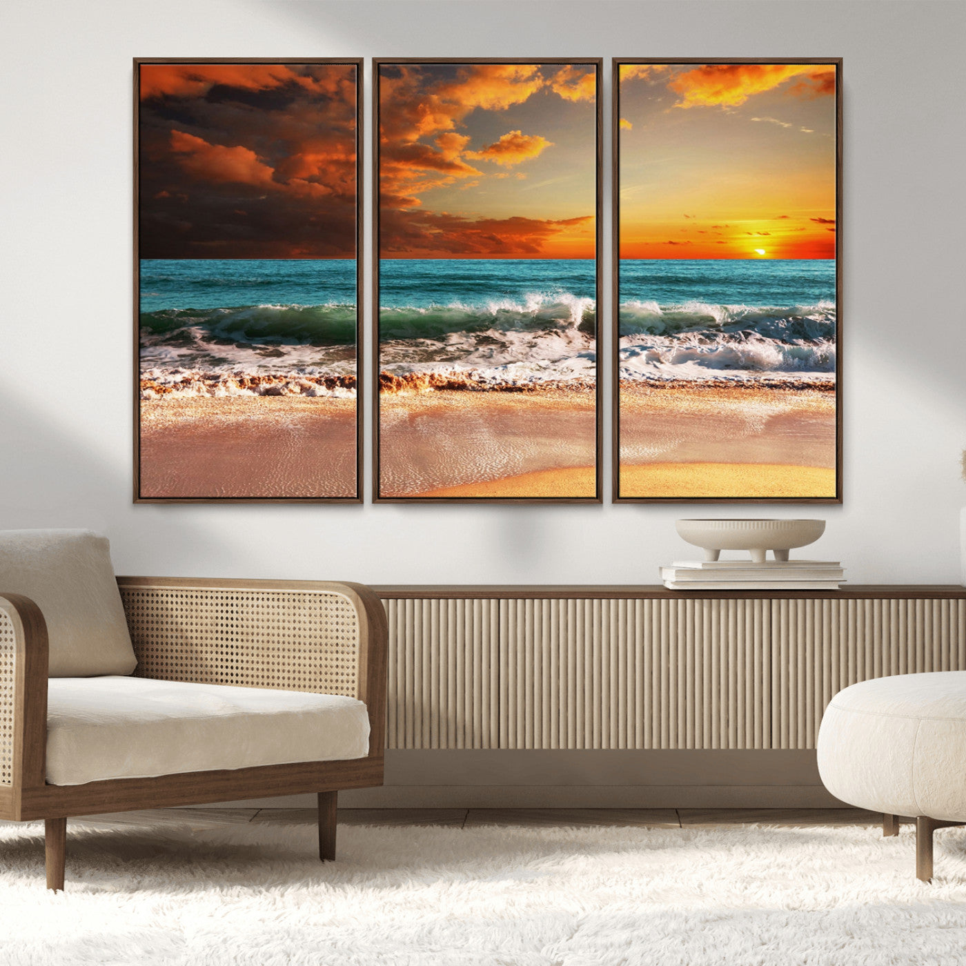 MGV-FC-48X32-3P - Golden Sunset Beach Canvas Wall Art – Triptych Seascape Print – Framed and Ready to Hang for Living Room or Office