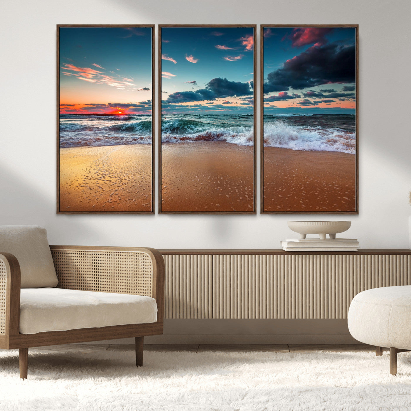 MGV-FC-48X32-3P - Sunset Ocean Beach Wall Art – Giclee Canvas Print, Coastal Seascape, Ready to Hang, Beach Decor, Large 3-Panel Set for Living Room