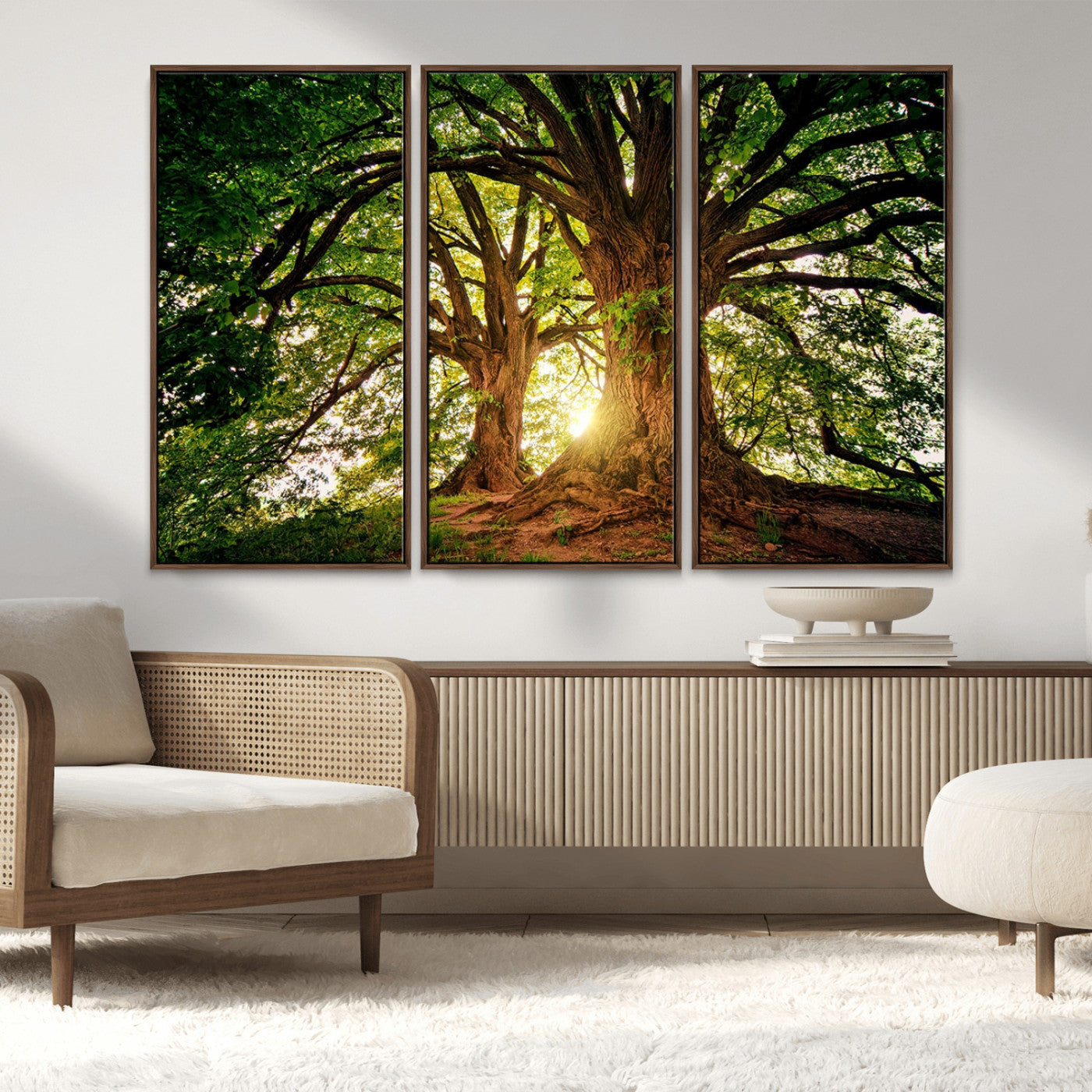 MGV-FC-48X32-3P - Majestic Ancient Tree Wall Art, Nature-Inspired Canvas Print, Woodland Art, Tree of Life Artwork, Sunlit Forest, Giclee Nature Print