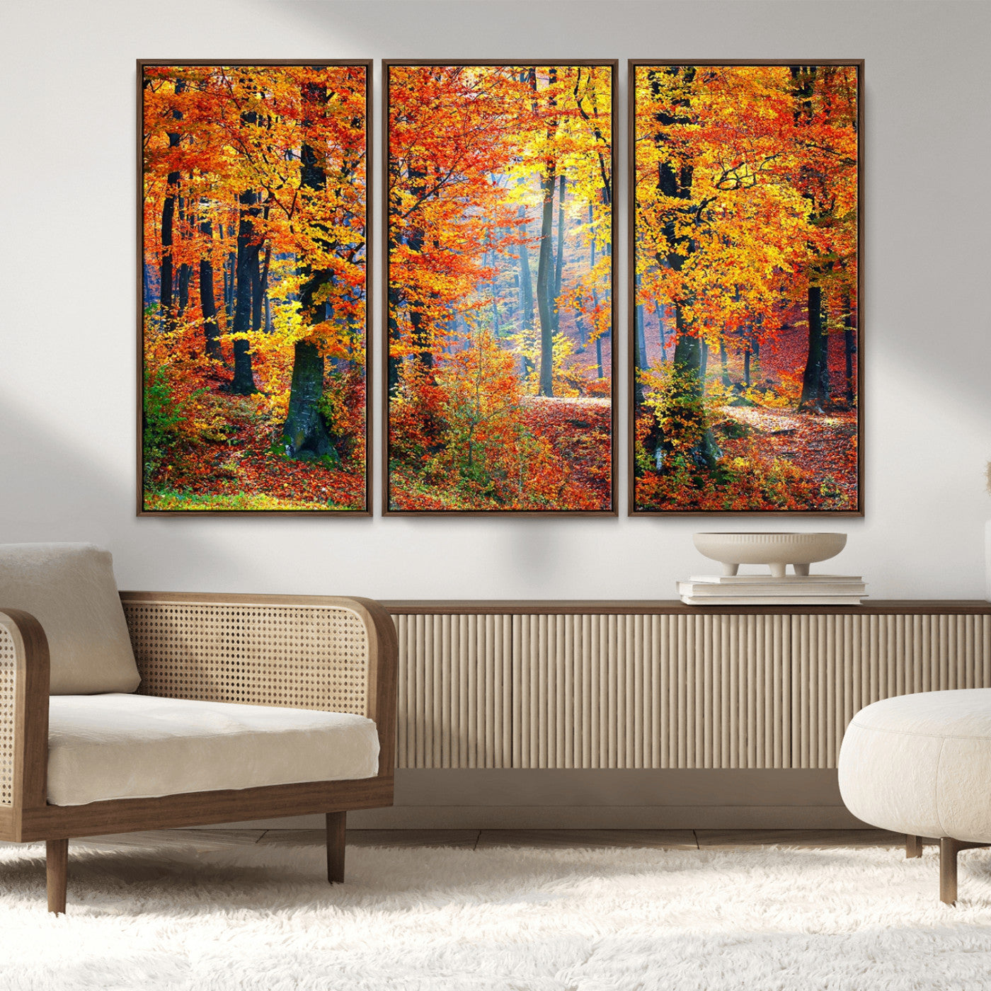 MGV-FC-48X32-3P - Autumn Red Forest Triptych Canvas Wall Art Print, Forest Wall Decor, Fall Landscape Art | Season Nature Landscape for Home or Office