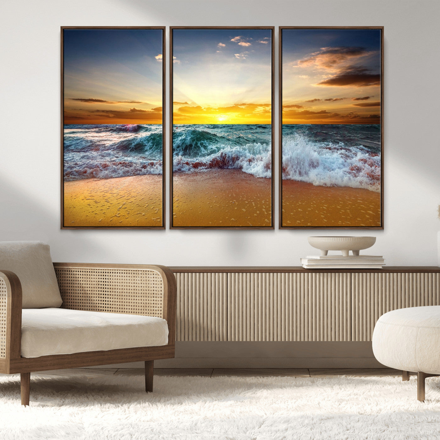 MGV-FC-48X32-3P - Golden Sunset Ocean Waves Wall Art Canvas Print – Multi Panel Beach Canvas Print Set – Large Coastal Triptych Print for Home or Farmhouse Decor
