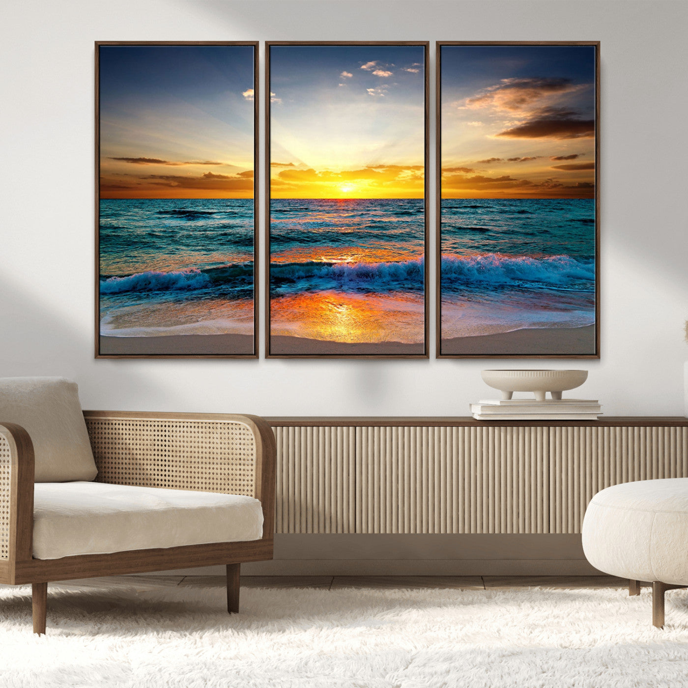 MGV-FC-48X32-3P - Vibrant Ocean Sunrise Over Golden Beach Waves, Giclee Canvas Wall Art Set, High-Quality Stretched Canvas Print, Ready to Hang Coastal Sunset Wall