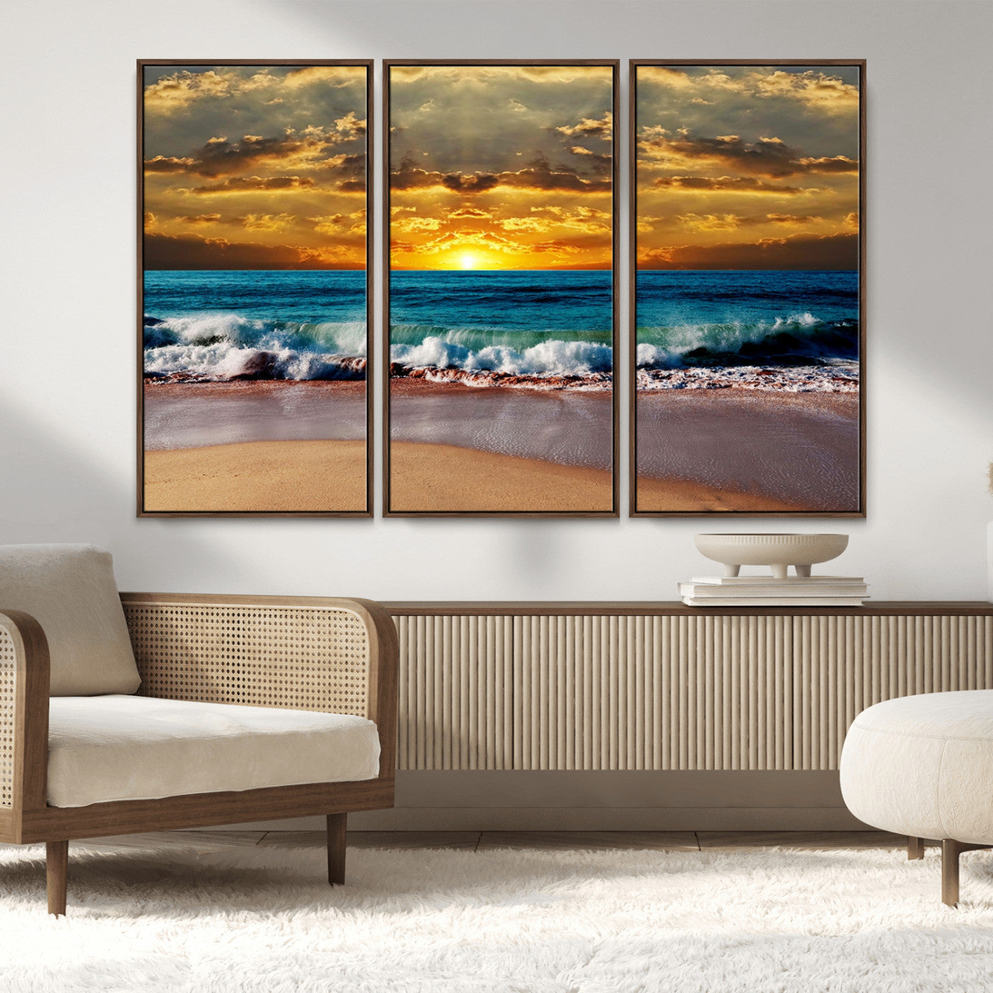 MGV-FC-48X32-3P - Ocean Sunrise Over Golden Beach Waves, Giclee Canvas Wall Art Set, High-Quality Stretched Canvas Print, Ready to Hang Coastal Sunset Wall Decor